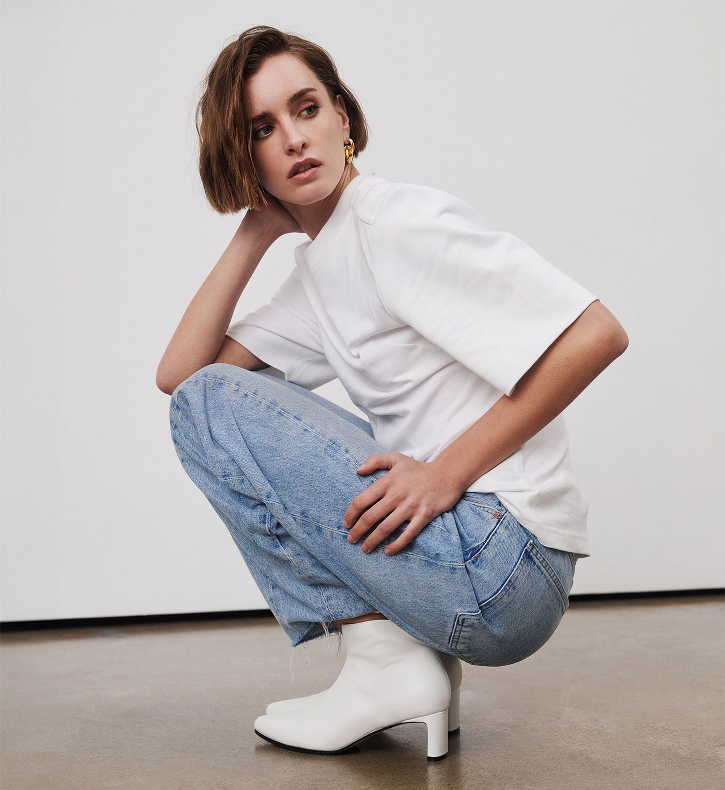 Tesia White Leather Ankle Boots