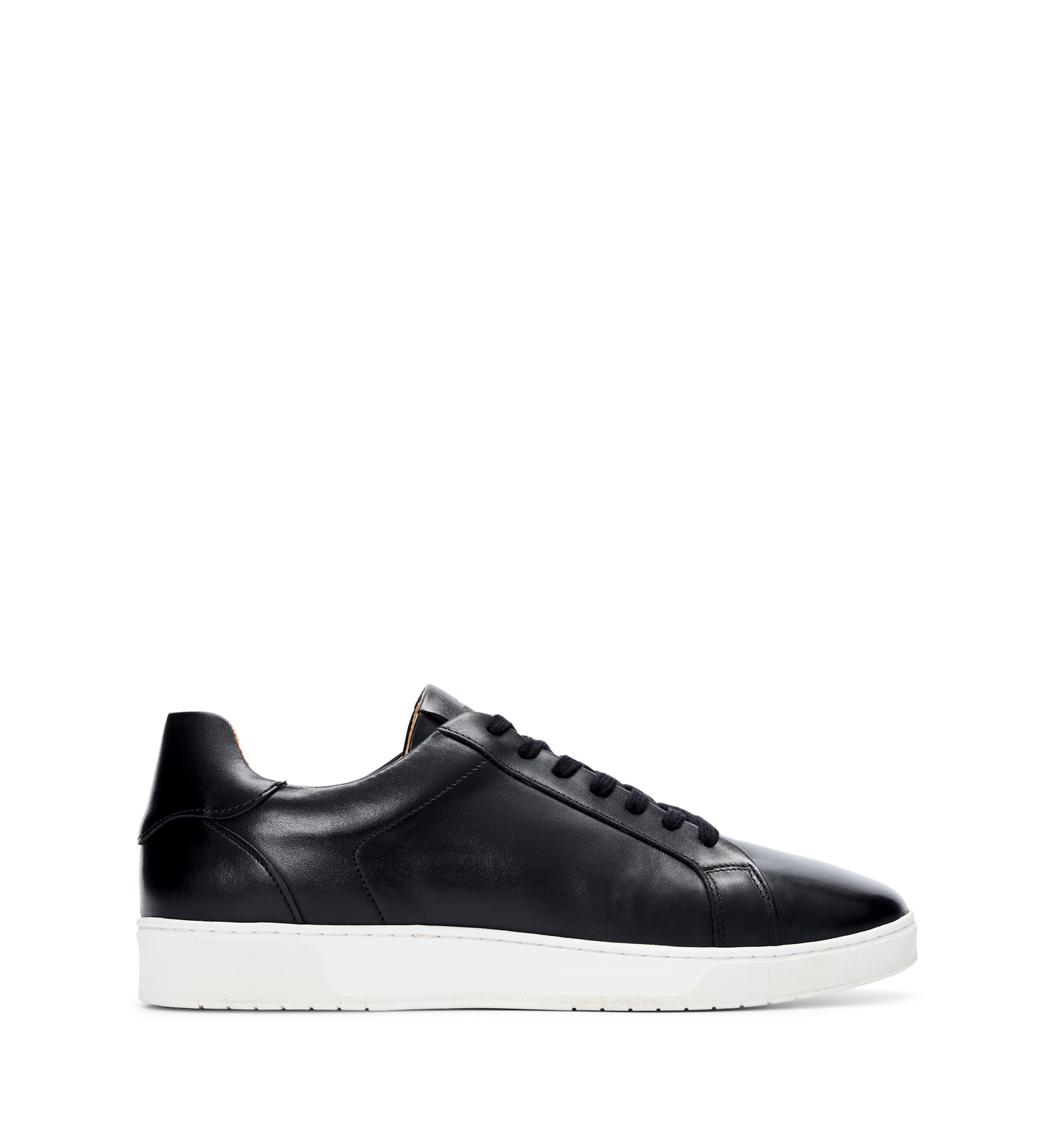 A black leather sneaker with lace-up closure, displaying the sole and the inner part of the shoe.