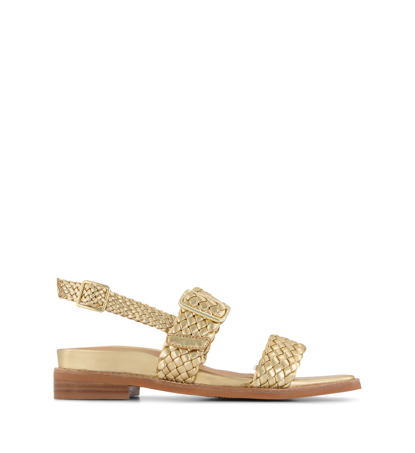 A gold leather sandal with adjustable mid-foot and slingback buckle strap, featuring a flat heel and gold hardware.