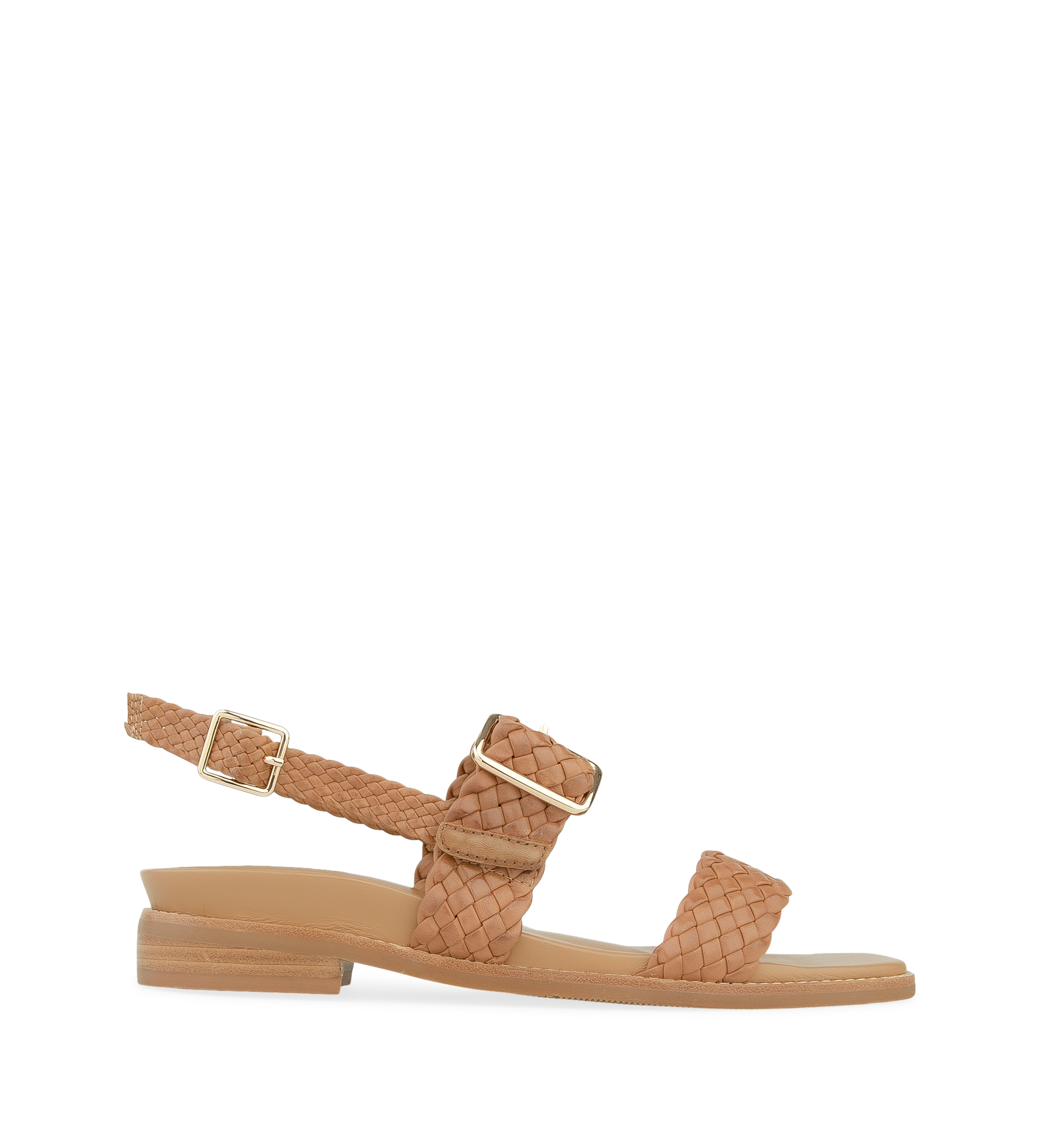 A pair of tan leather flat sandals with adjustable mid-foot and slingback buckle strap, featuring a 25mm heel height and gold hardware.