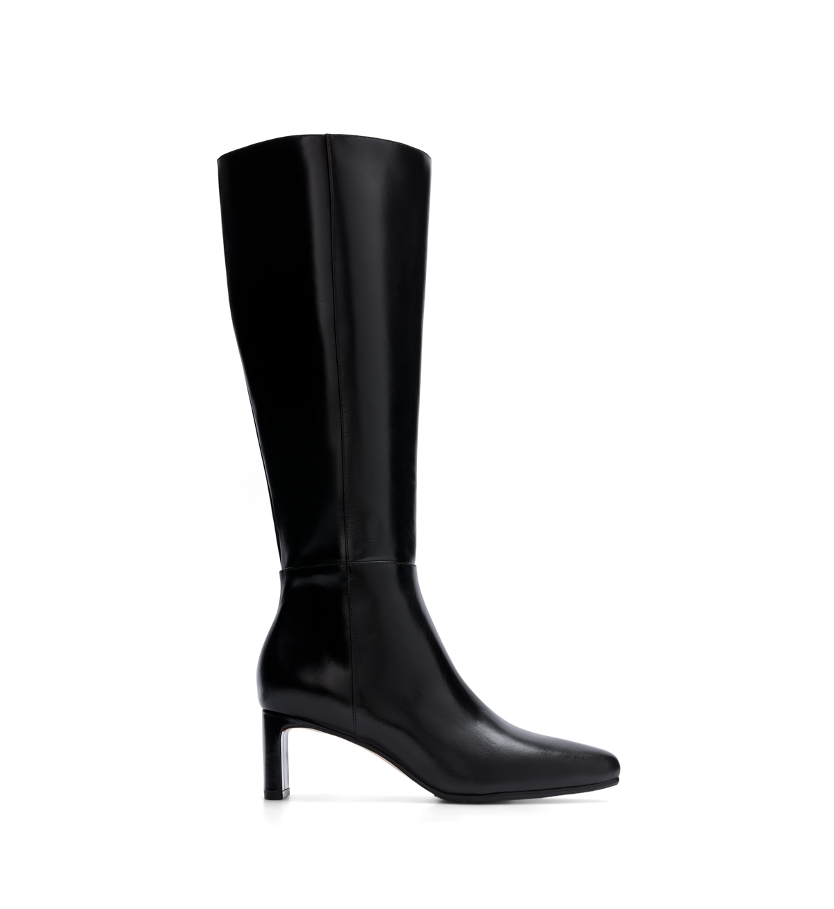 A single black knee-high boot with a heel and side zip.
