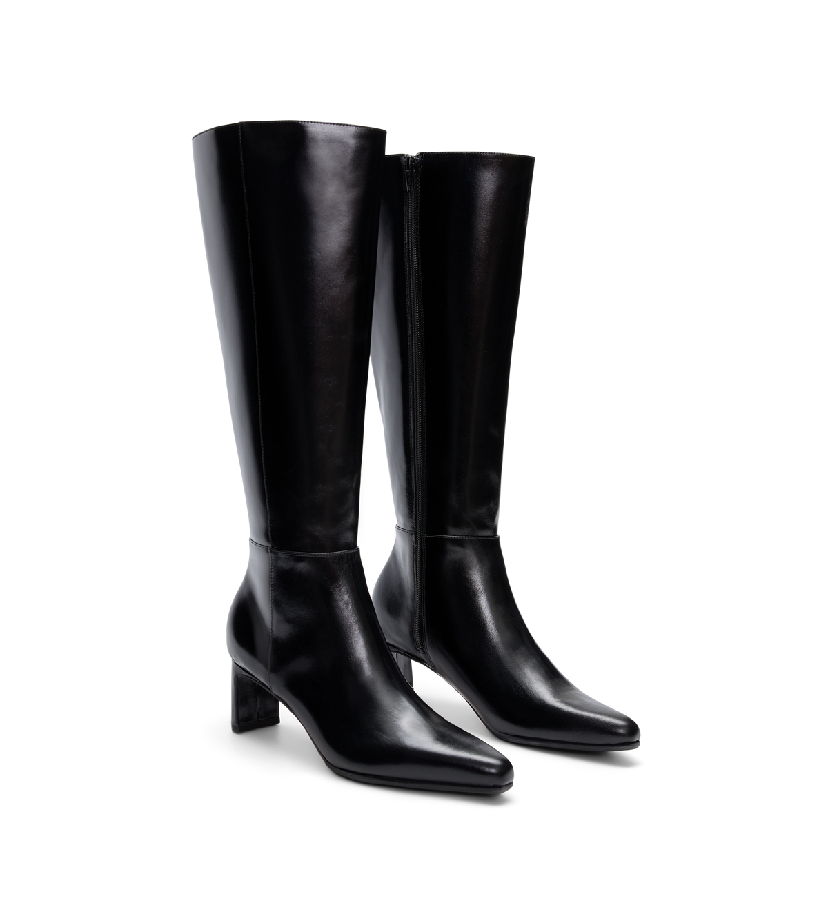 pair of black knee high boots with a heel and side zip