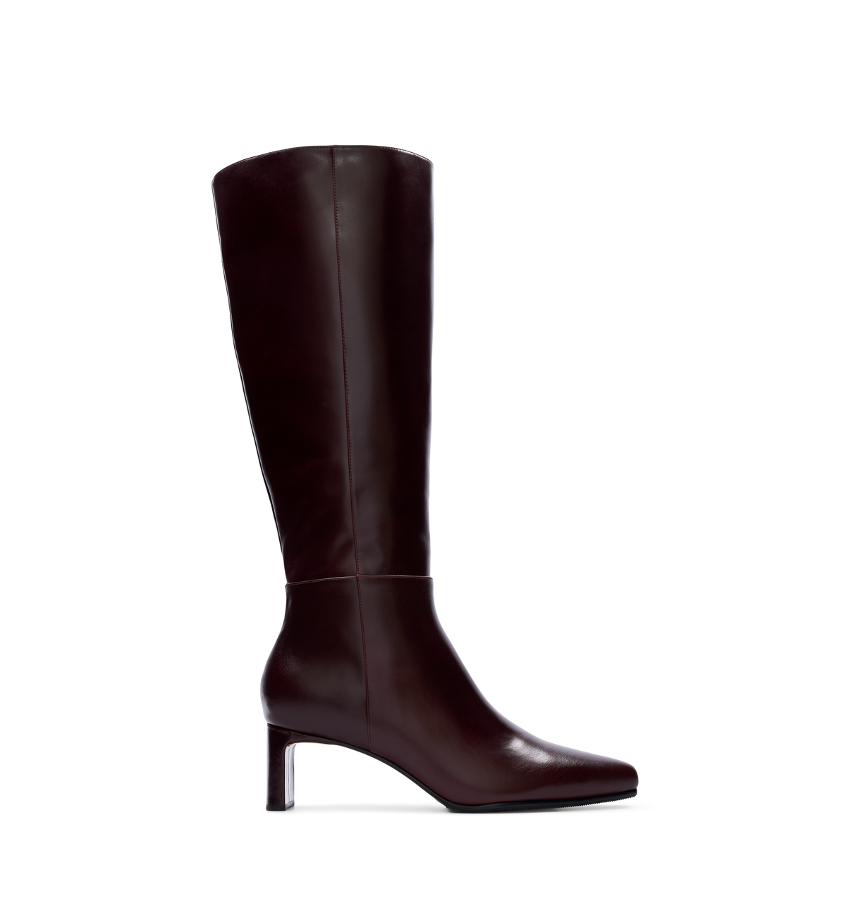 A brown knee-high boot with a heel and side zip.