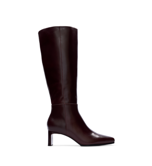 A brown knee-high boot with a heel and side zip.