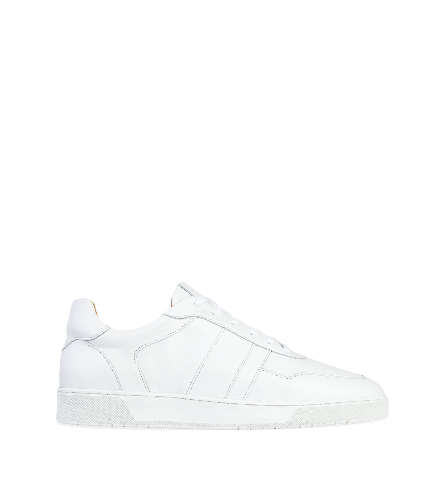 A white leather sneaker with lace-up closure, displaying the upper part of the shoe against a plain background.