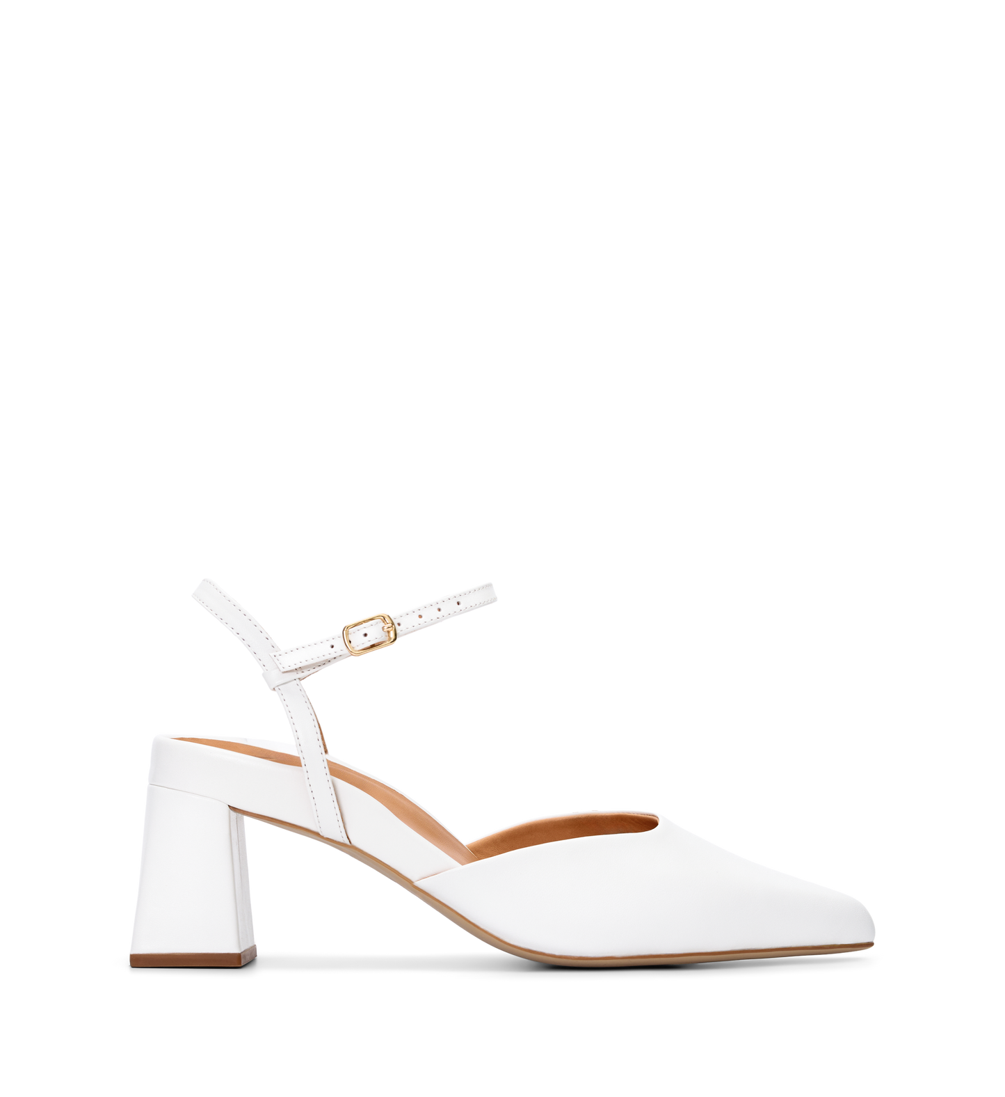White high-heeled shoe with a strap on a white background