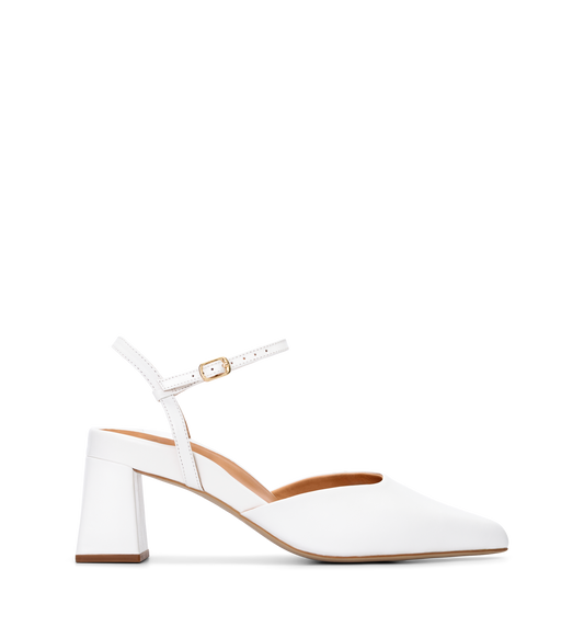 White high-heeled shoe with a strap on a white background