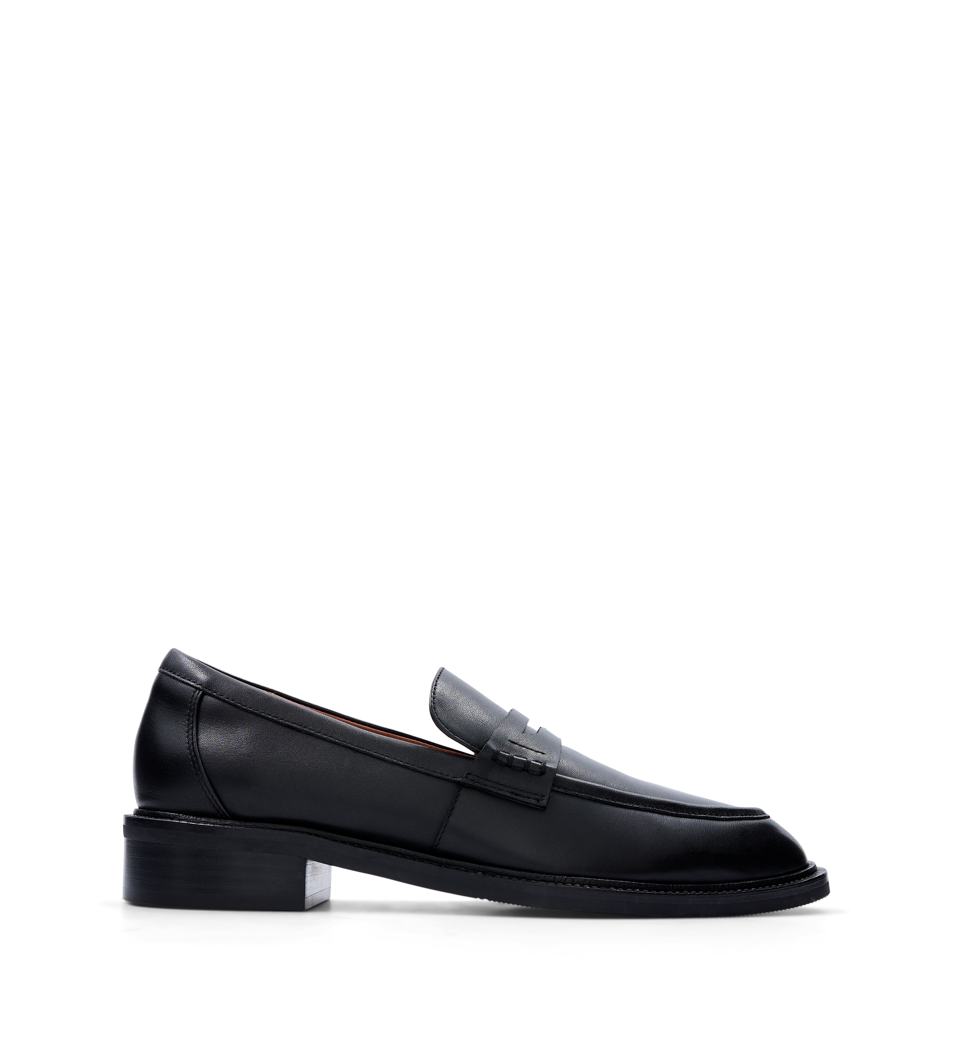 A single black leather loafer with a rounded toe and low heel, featuring a penny strap detail.