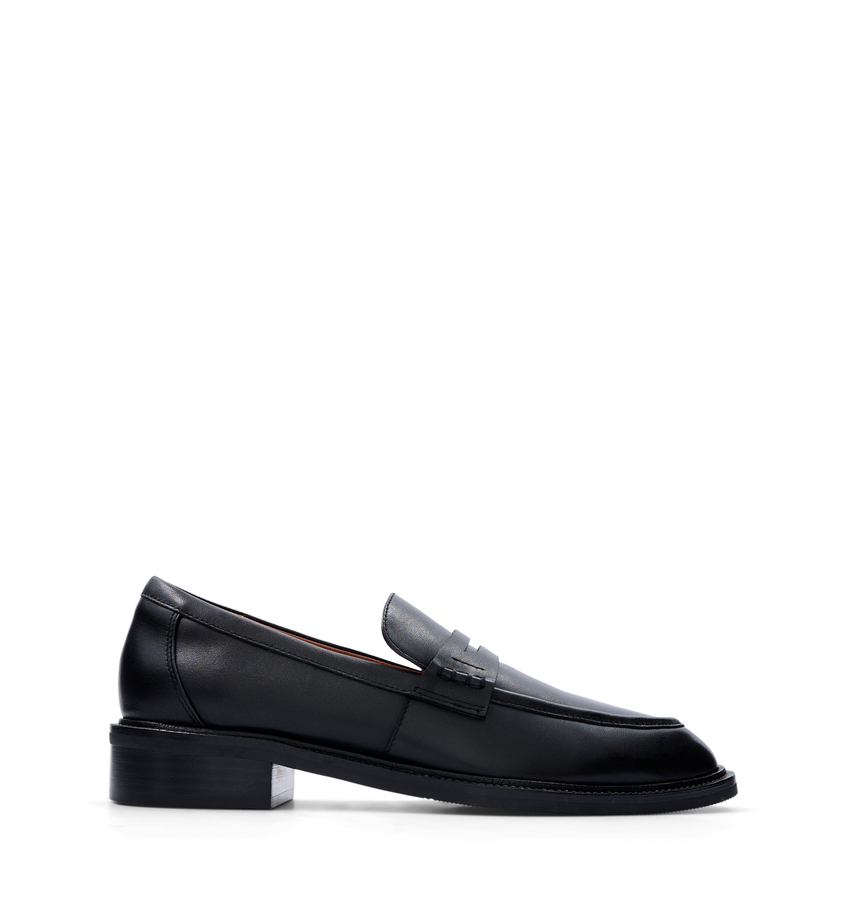 A single black leather loafer with a rounded toe and low heel, featuring a penny strap detail.