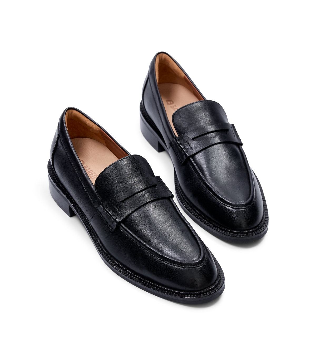 pair of womens black leather loafers 