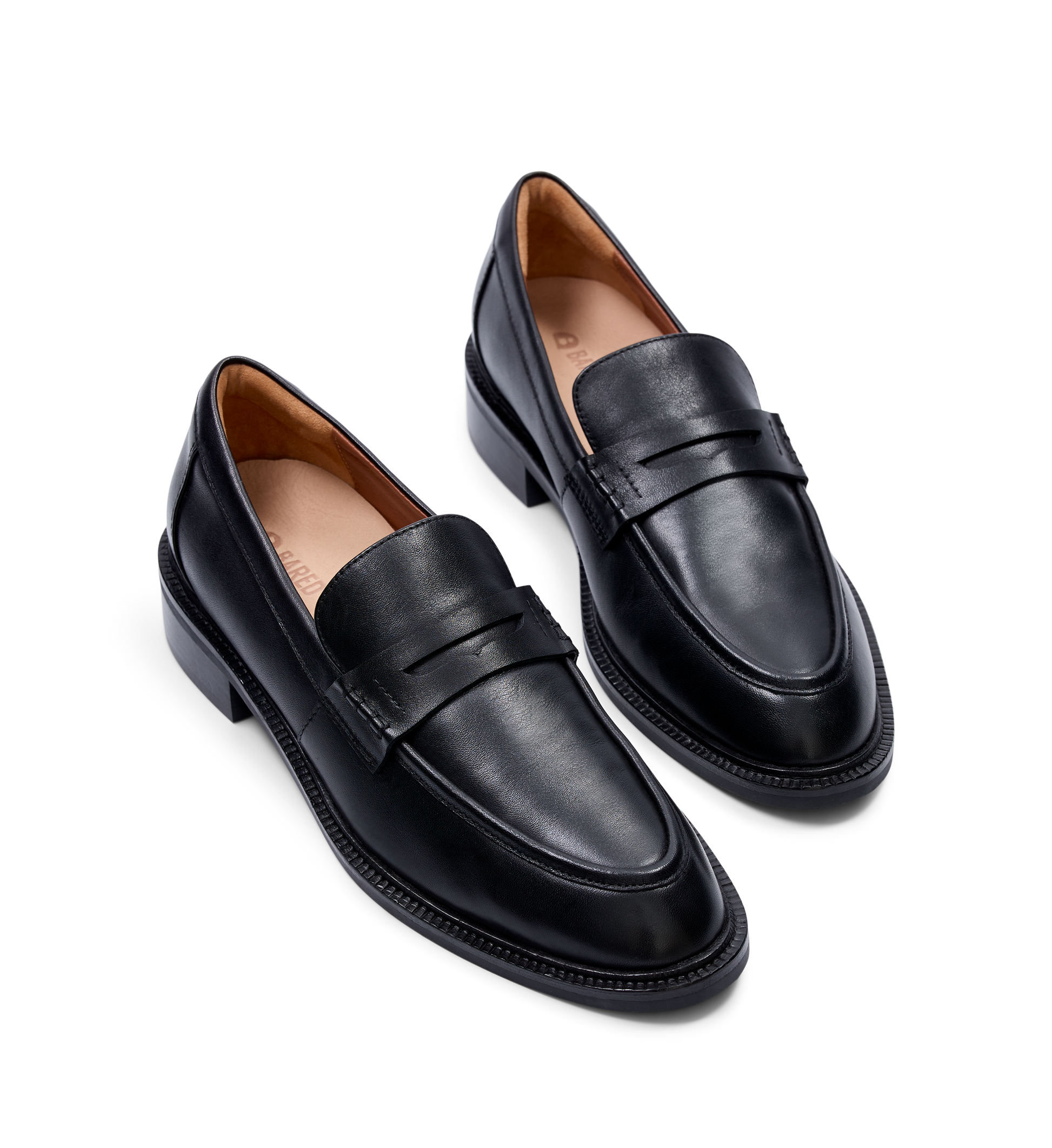 pair of womens black leather loafers 