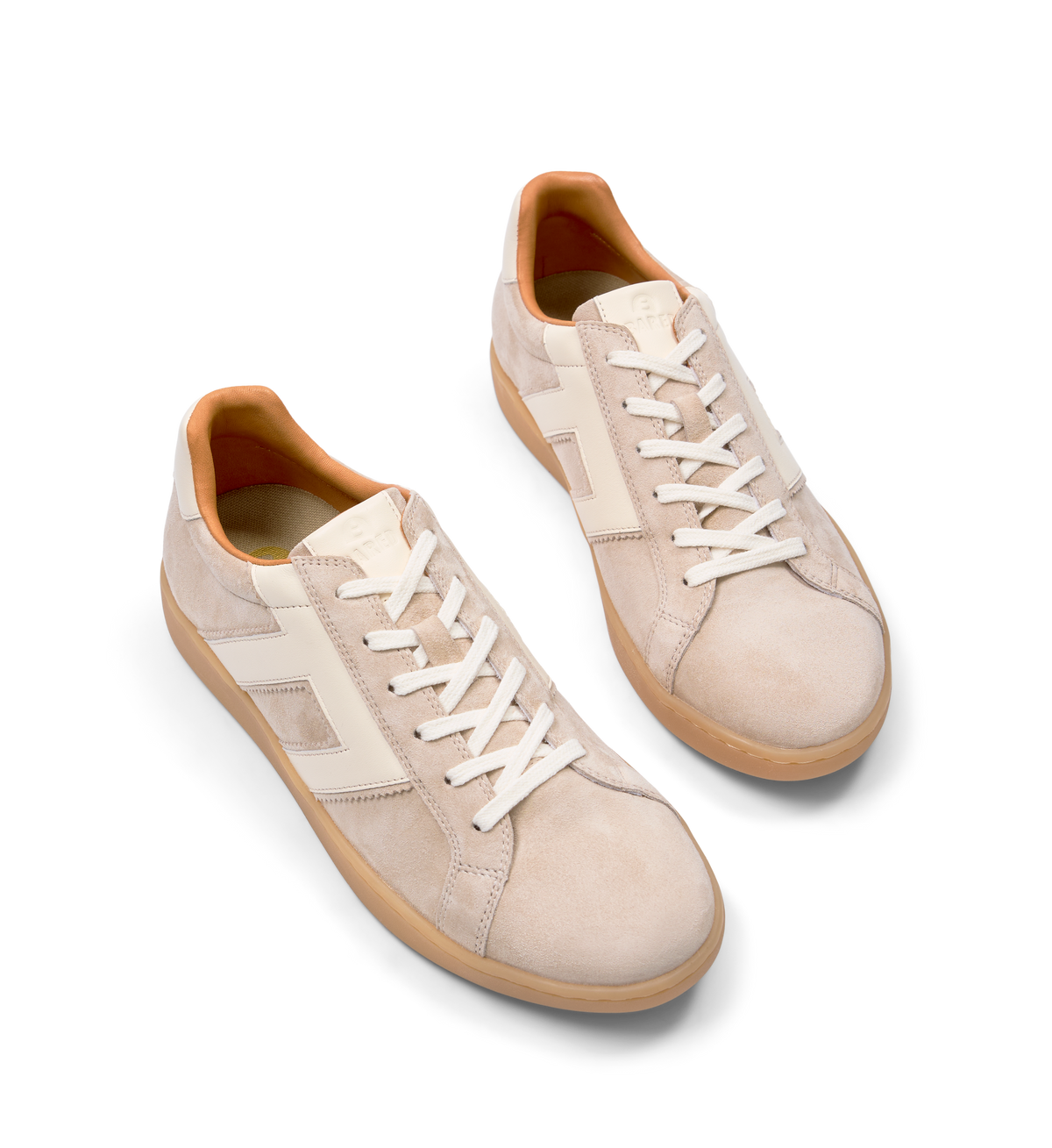 pair of suede beige sneakers for women with white laces