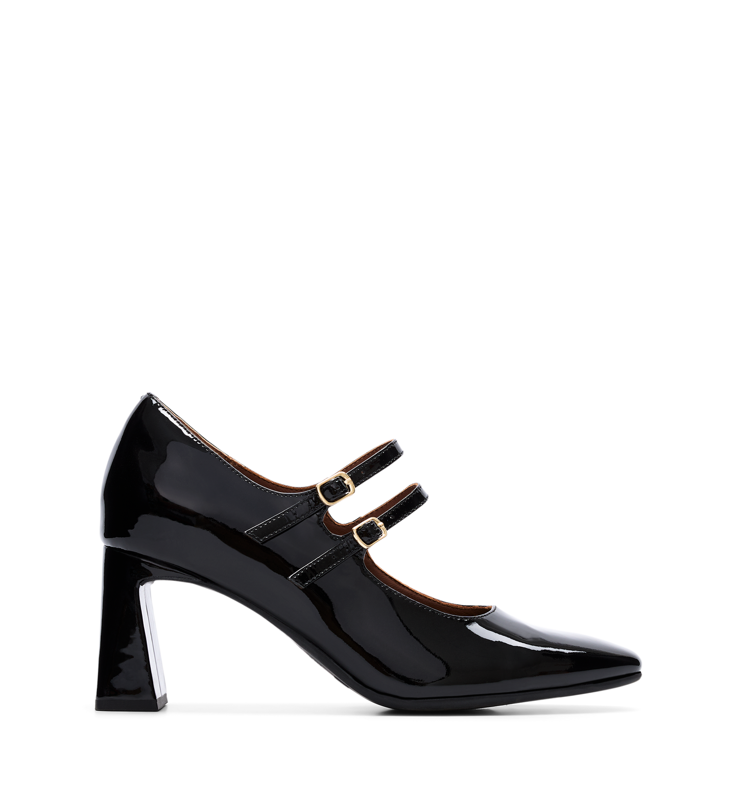 A single black patent leather high heel shoe with a double strap and gold hardware.