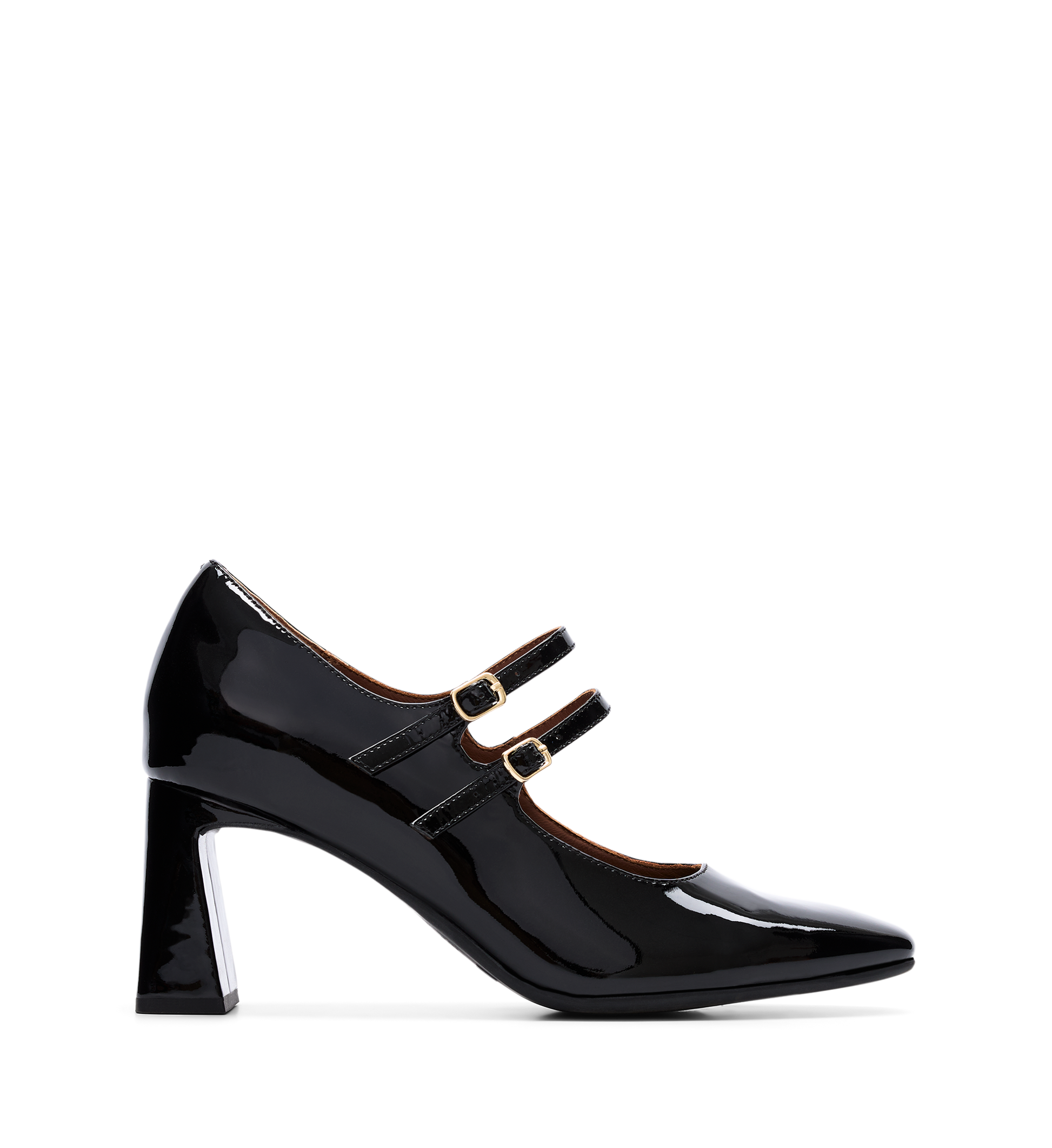 A single black patent leather high heel shoe with a double strap and gold hardware.