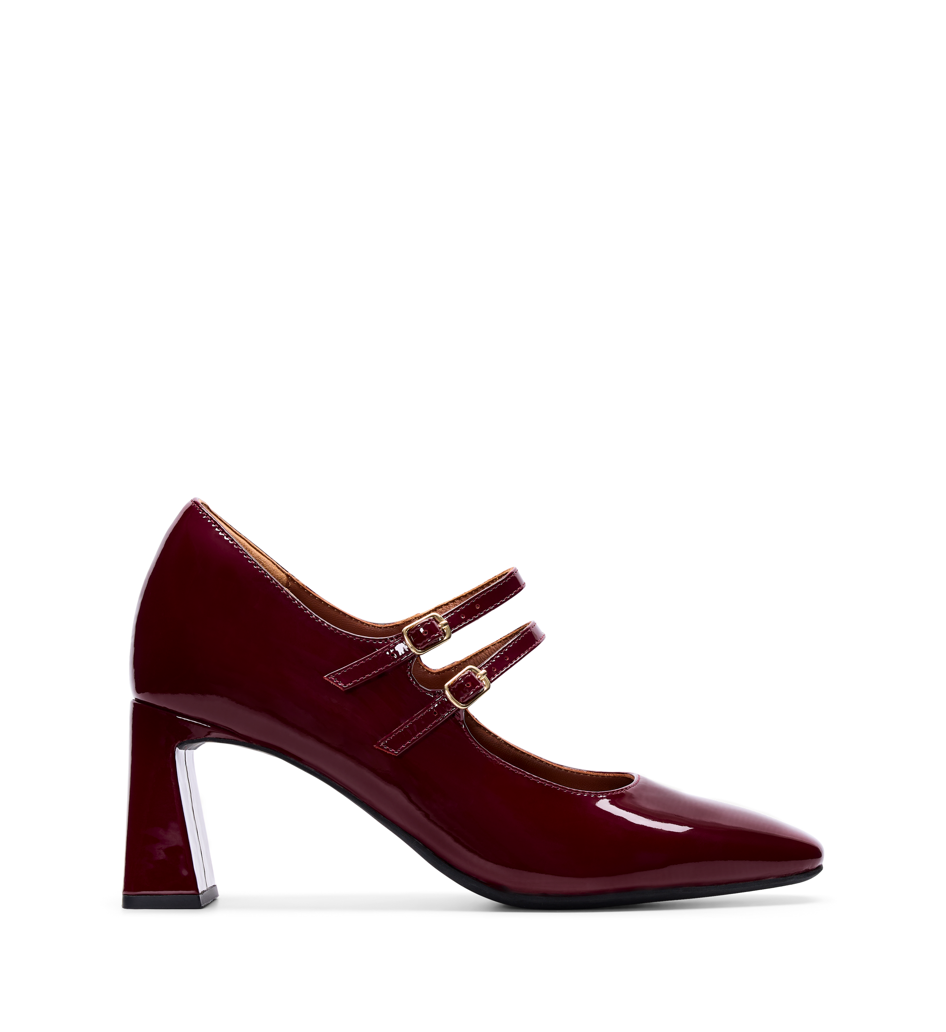 A single dark cherry red patent leather high heel shoe with a glossy finish, double strap design, and gold hardware.
