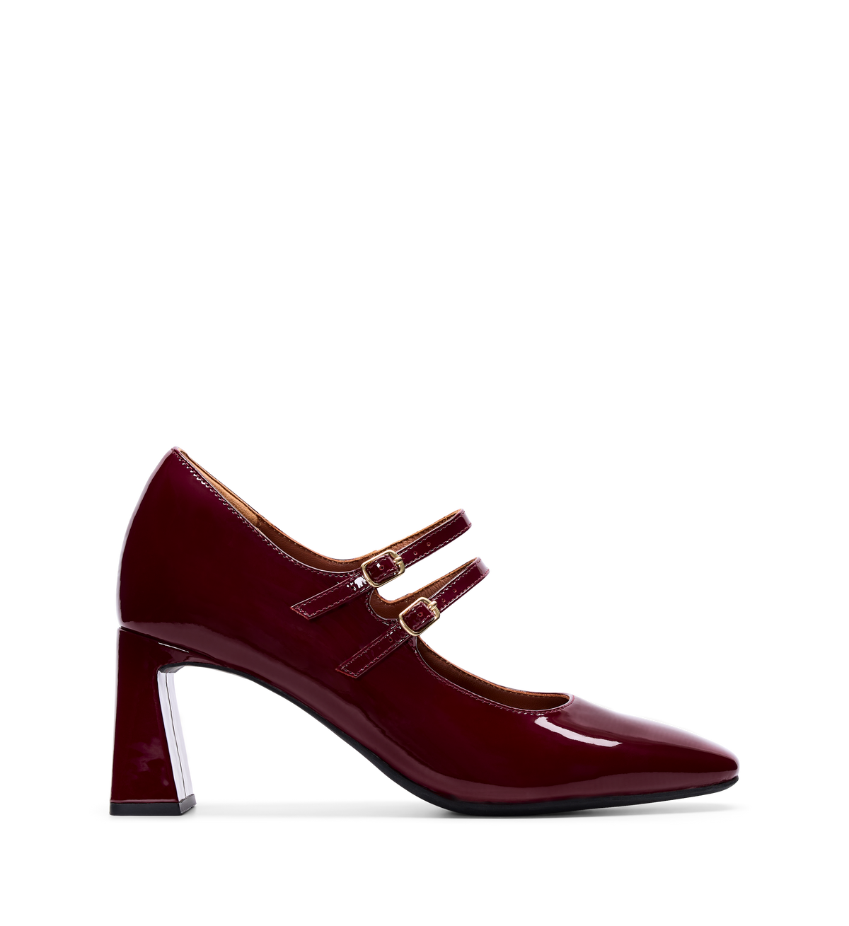 A single dark cherry red patent leather high heel shoe with a glossy finish, double strap design, and gold hardware.