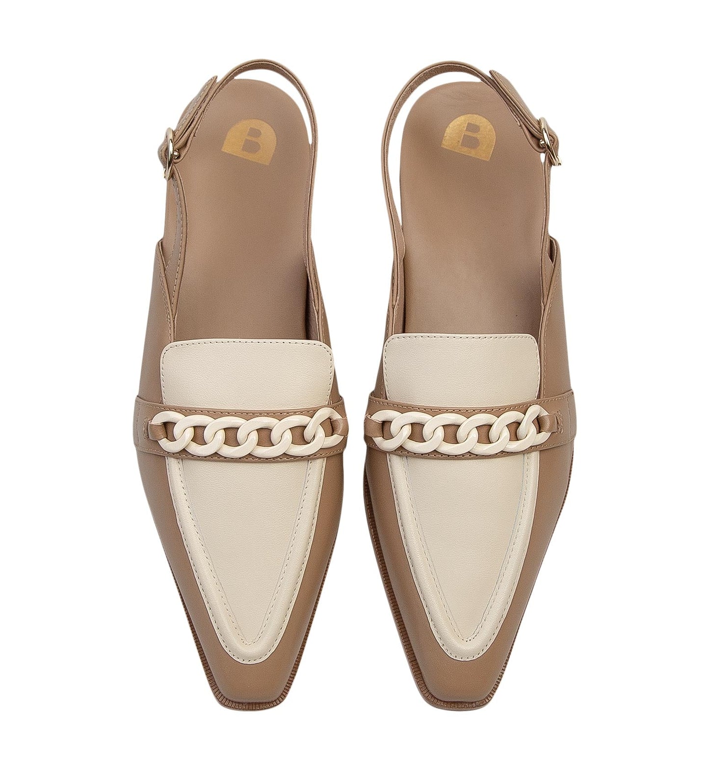 Women's contrast beige leather flat shoes with ecru chain