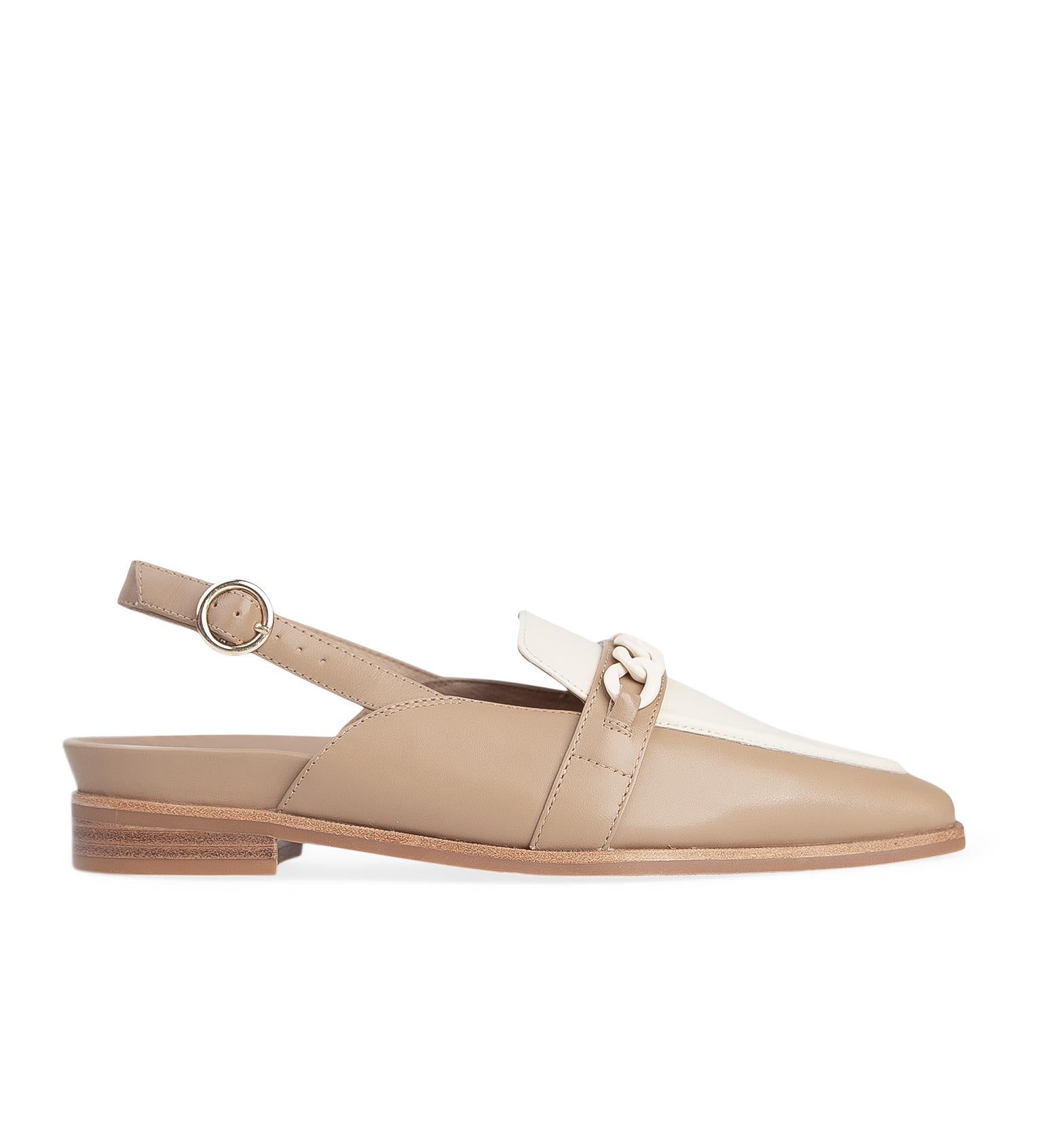 Women's contrast beige leather flat shoes