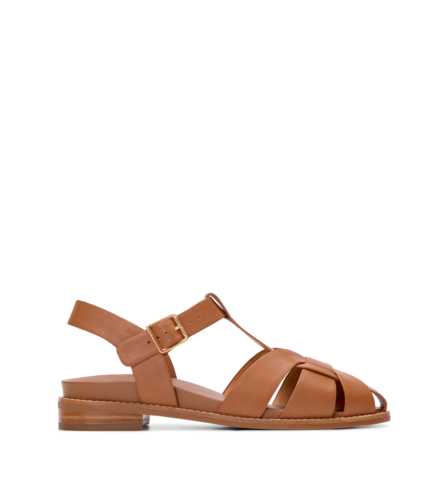Tan sandal with criss-cross straps on a white background