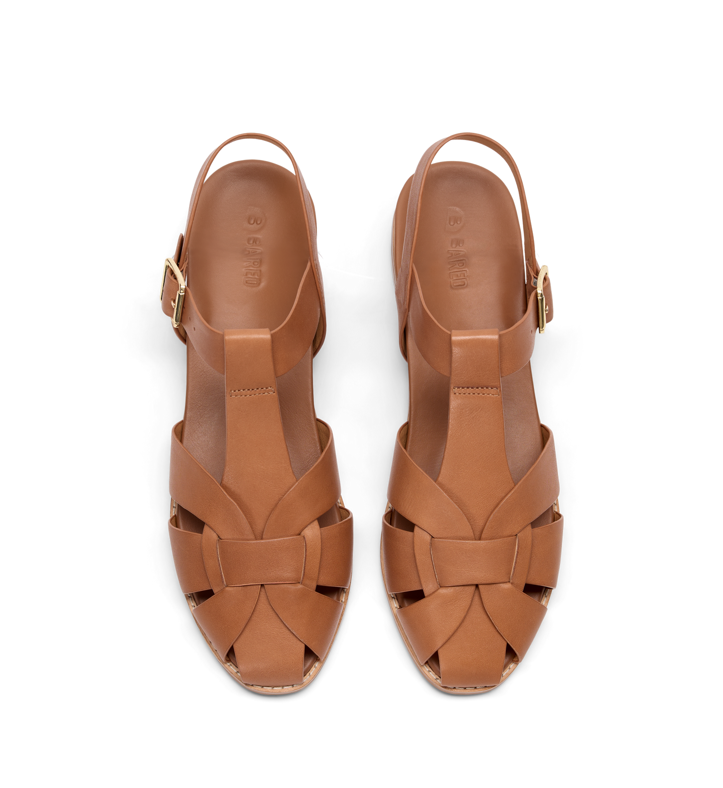 Pair of brown sandals with woven design on a white background