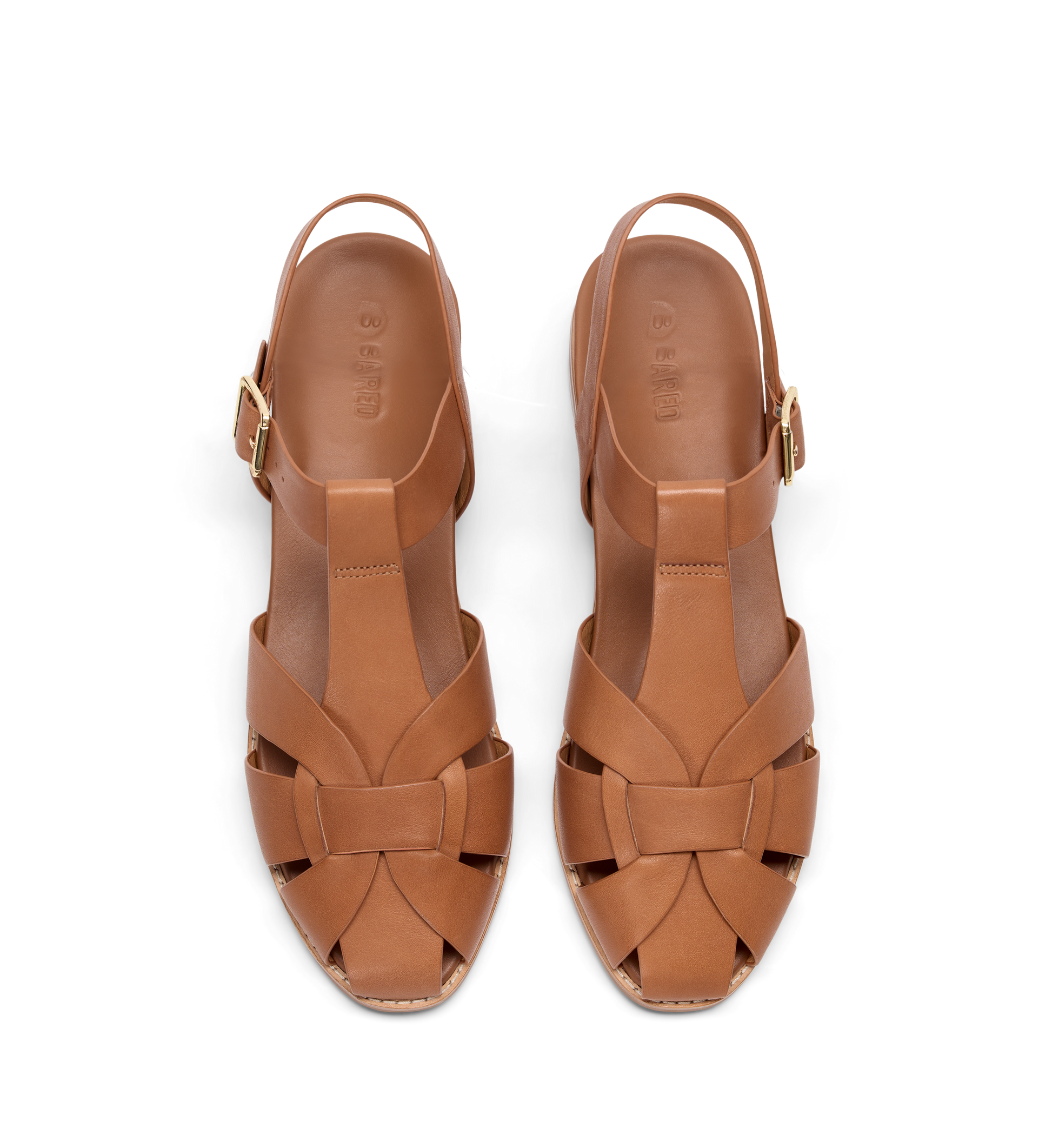 Pair of brown sandals with woven design on a white background