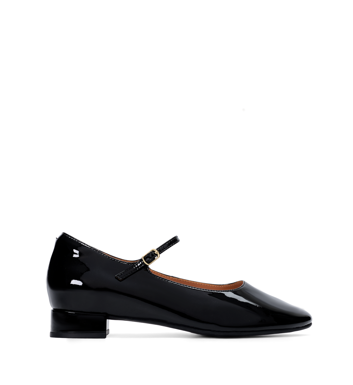 Black patent leather ballet flats on a white background