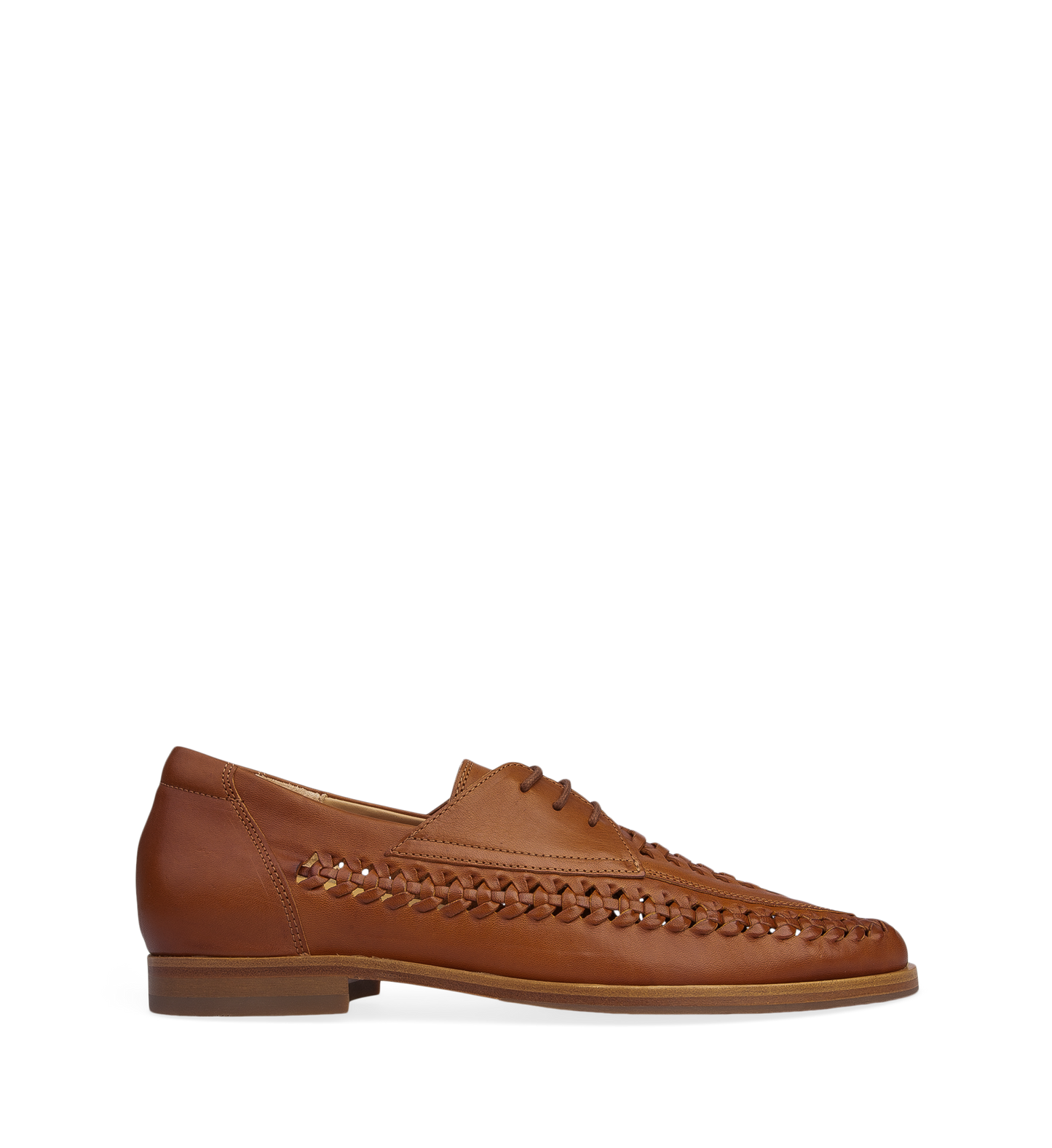 A single tan brown leather boat shoe with a three-eyelet lacing system and a low heel.