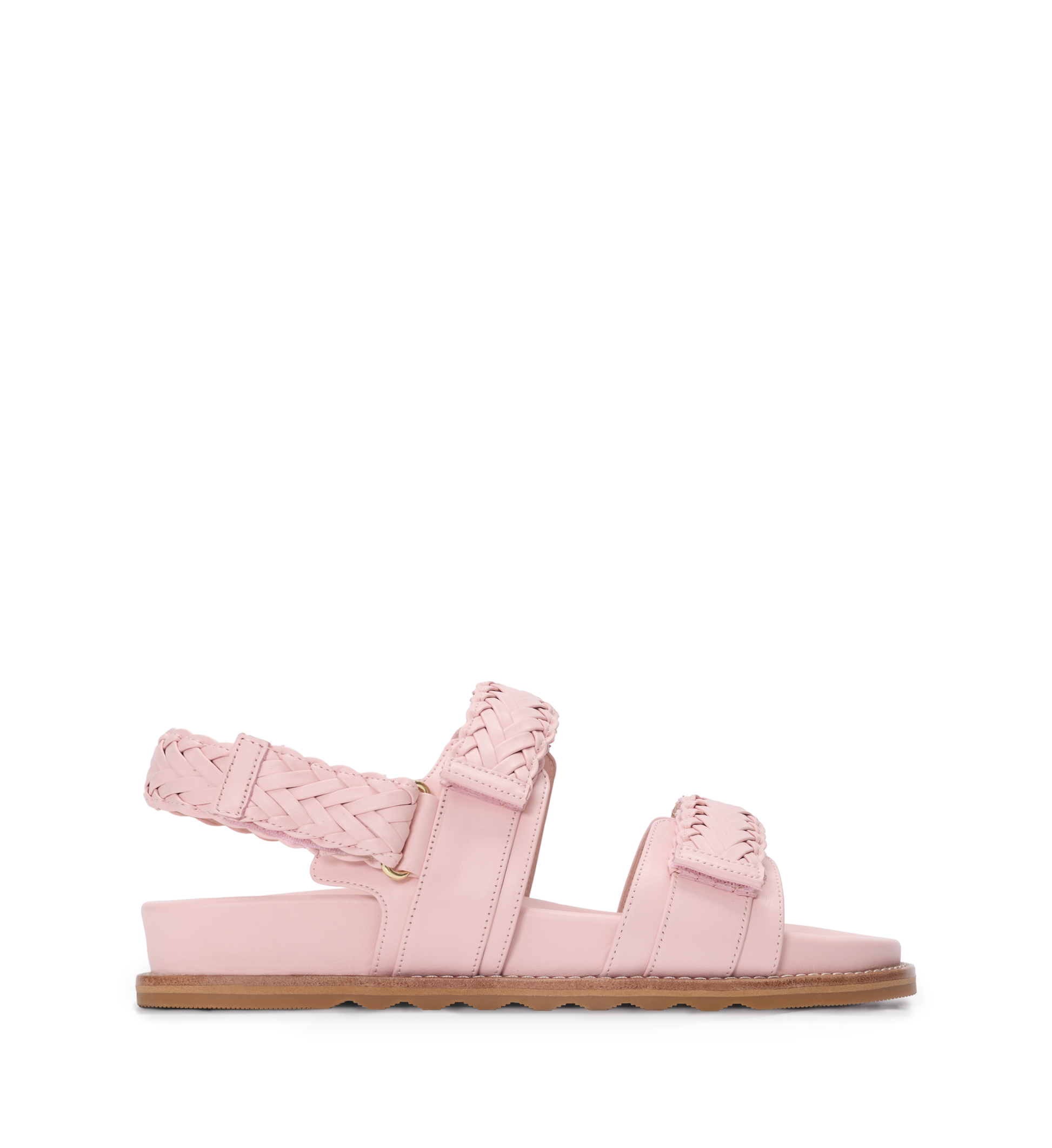 Pink sandal with braided design on a white background