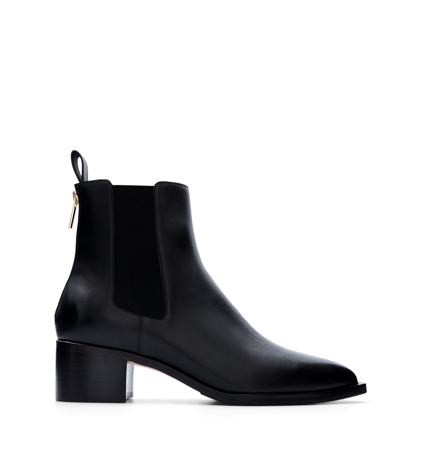 A black leather heeled boot with elastic side panels and a pointed toe. It features a pull tab and a back zip for easy slip-on wear.