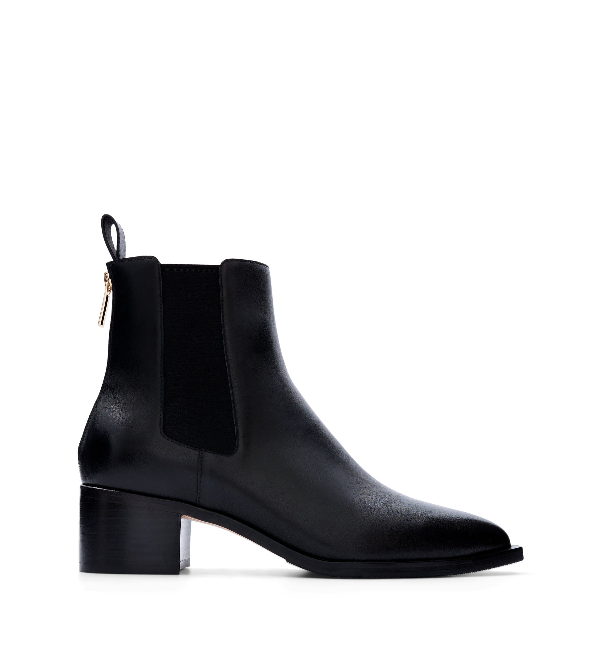A black leather heeled boot with elastic side panels and a pointed toe. It features a pull tab and a back zip for easy slip-on wear.
