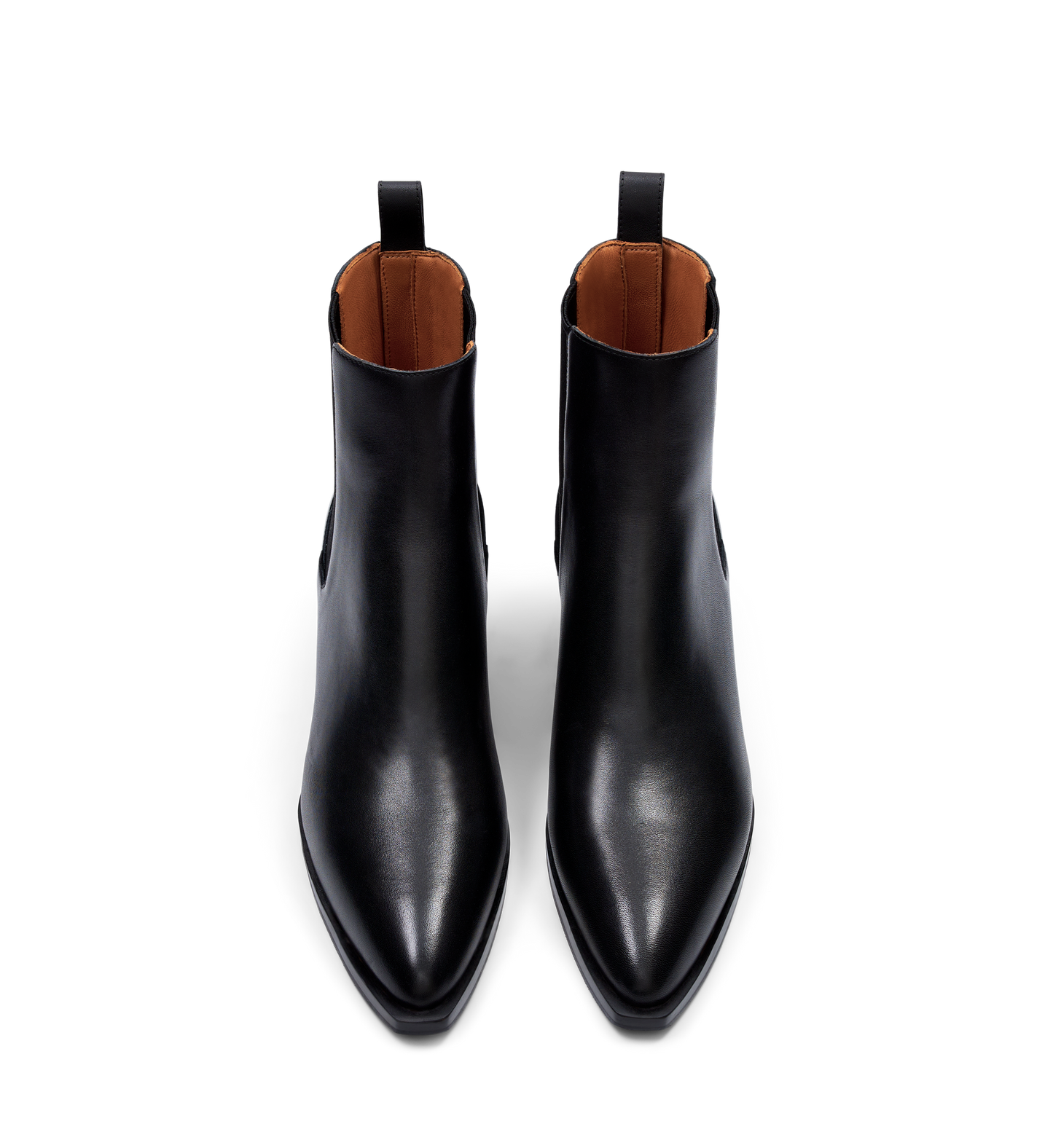 pair of womens black chelsea boots with rear pull tab in black leather