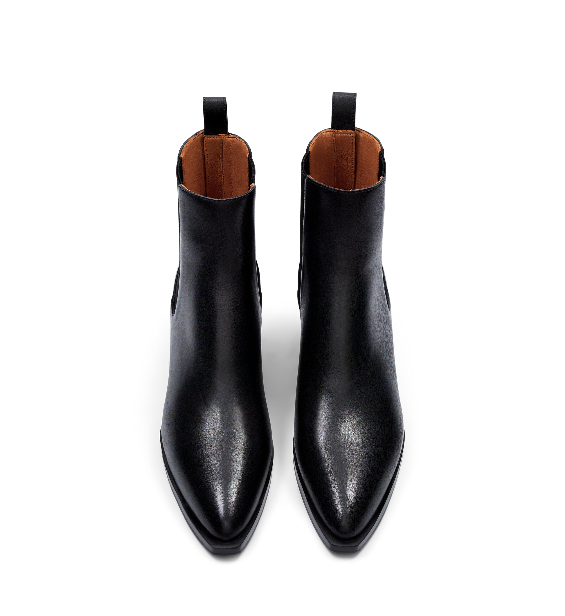 pair of womens black chelsea boots with rear pull tab in black leather
