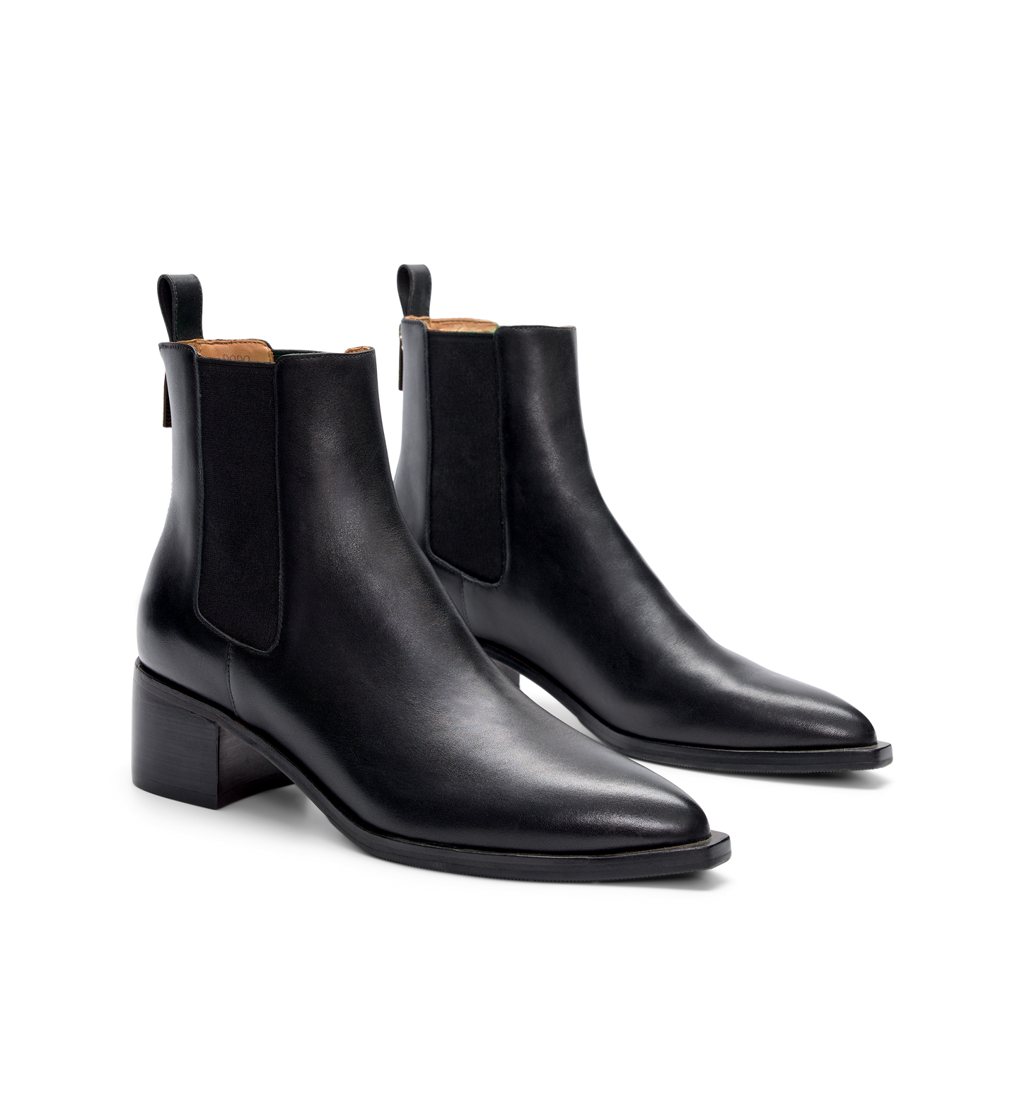 pair of womens black chelsea boots with rear pull tab and elastic gusset