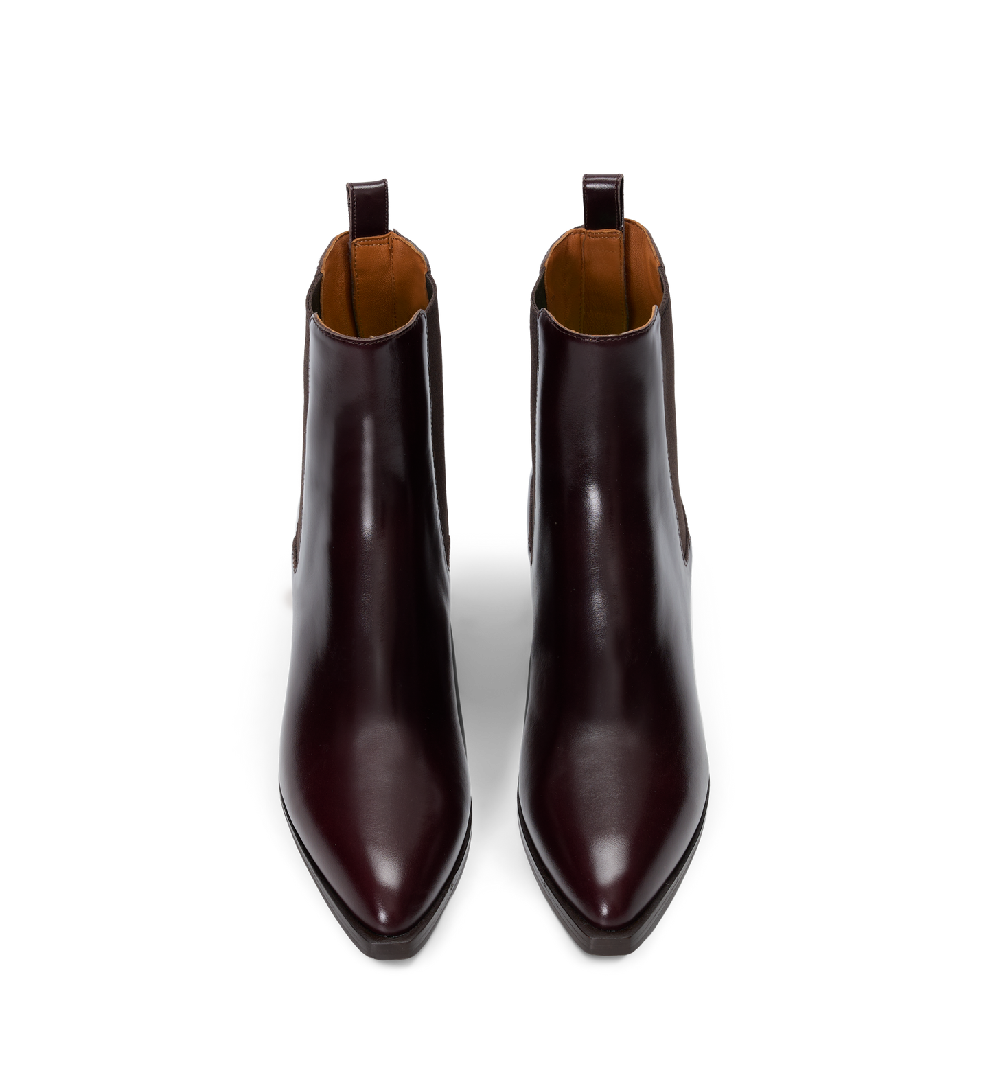 Pair of brown leather ankle boots on a white background