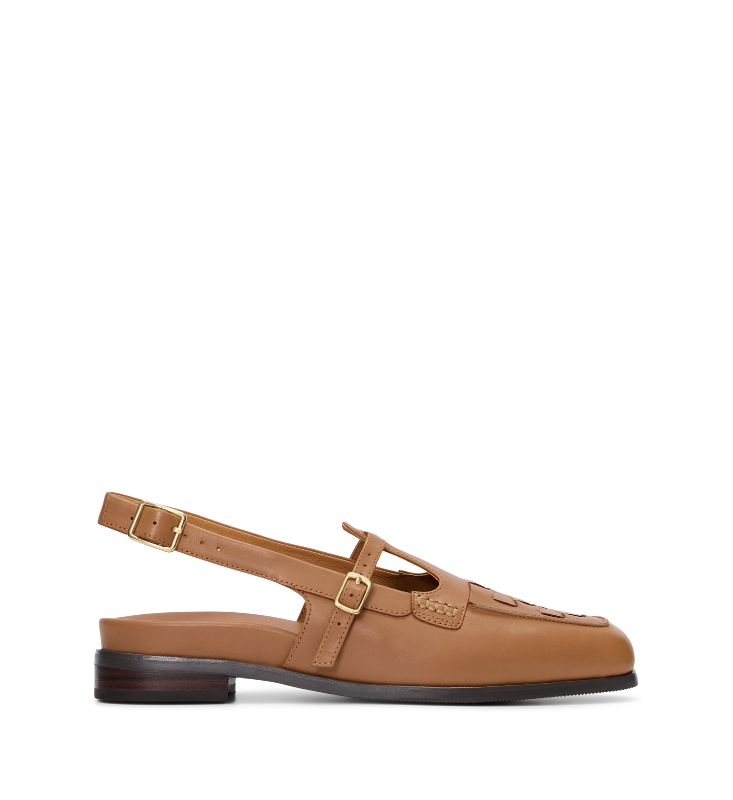 Brown leather loafer with a slingback strap on a white background