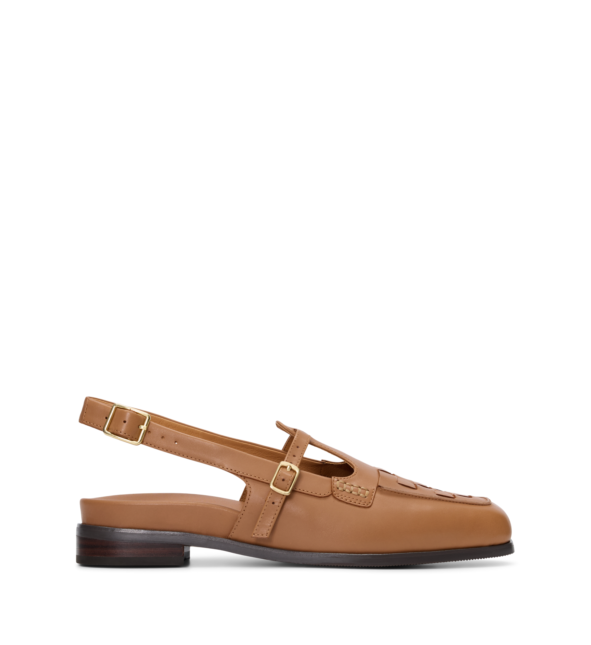 Brown leather loafer with a slingback strap on a white background