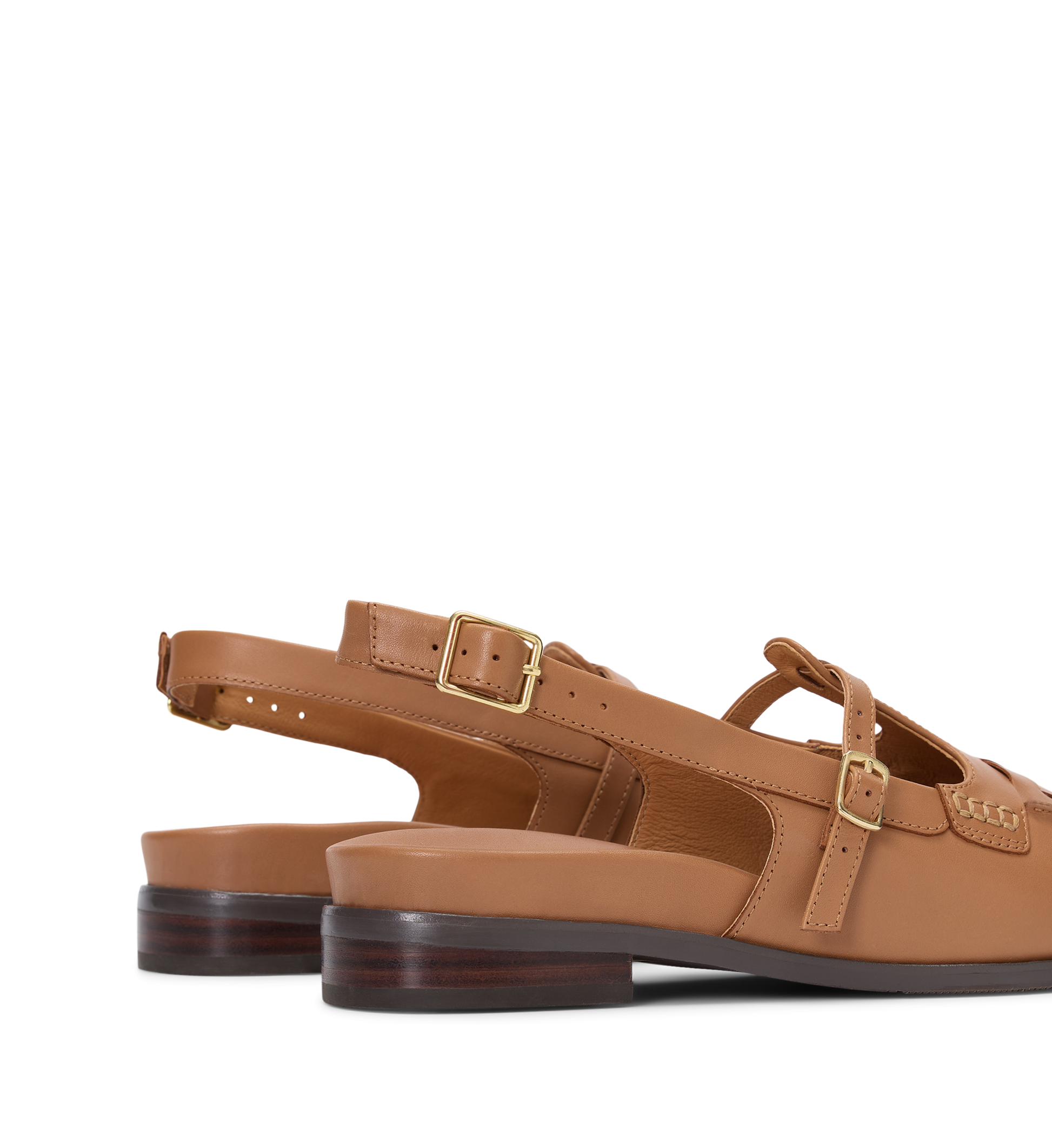 Pair of brown sandals with buckles on a white background