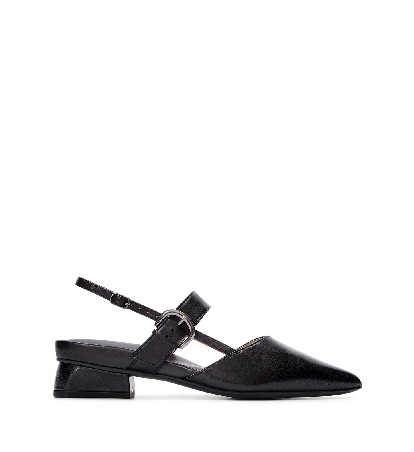 A black leather flat with an adjustable sling-back ankle strap and a spacious pointed toe. It features a mid-heel design and appears suitable for all-day wear.
