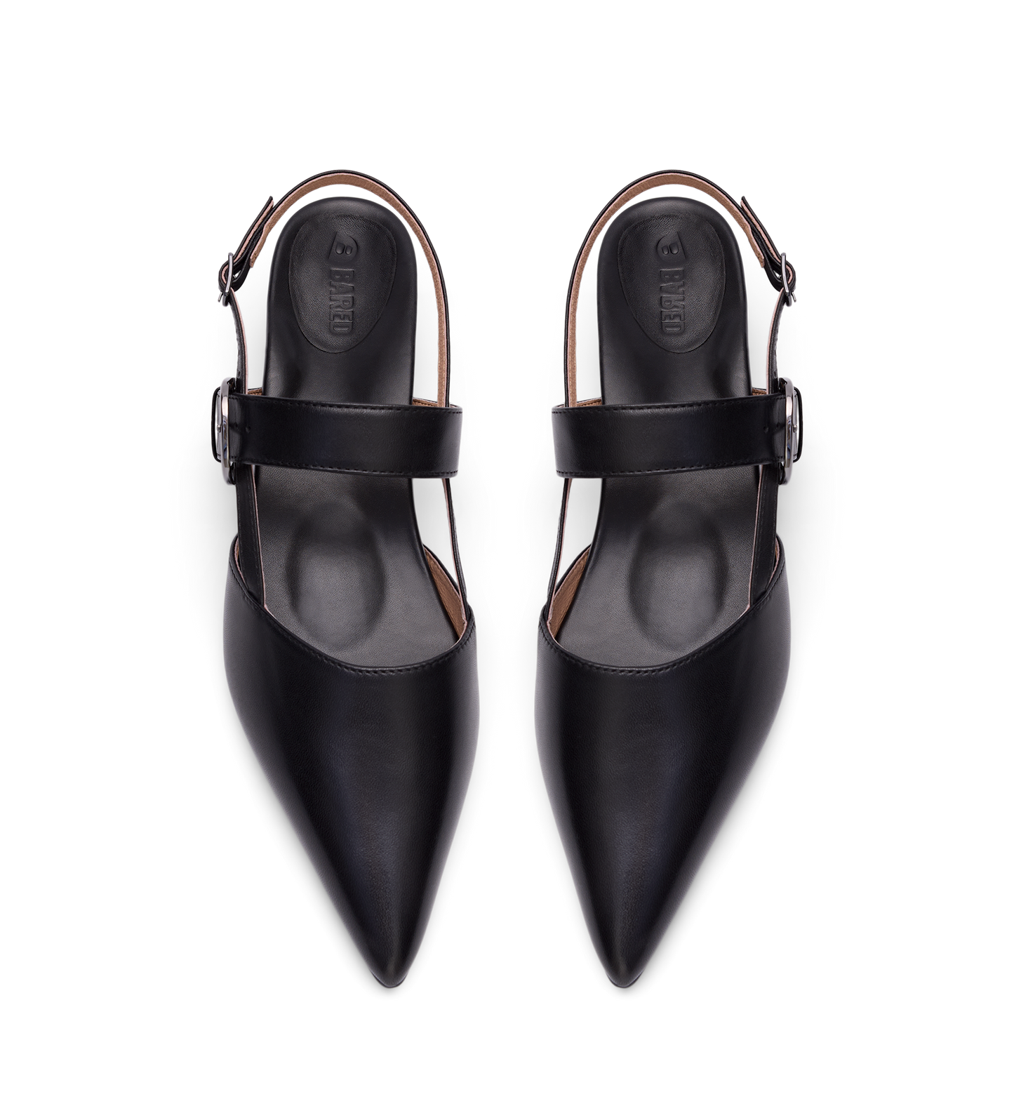 pair of womens black pointed toe flats with slingback strap