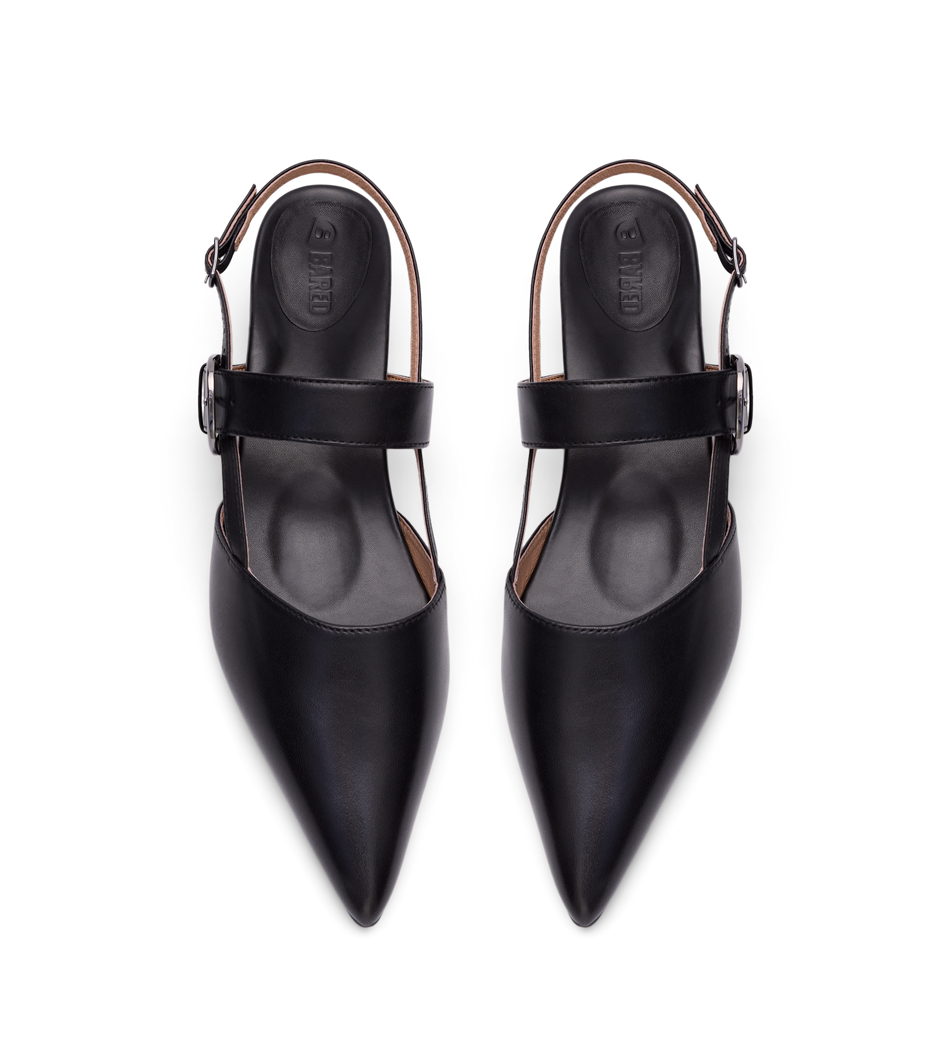 pair of womens black pointed toe flats with slingback strap