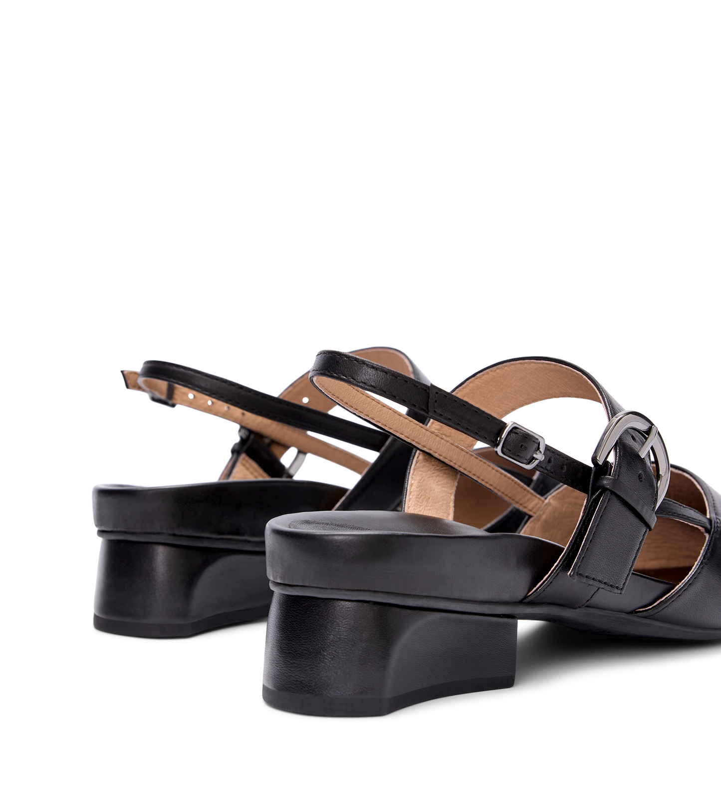 pair of womens black flats with low heel and slingback strap