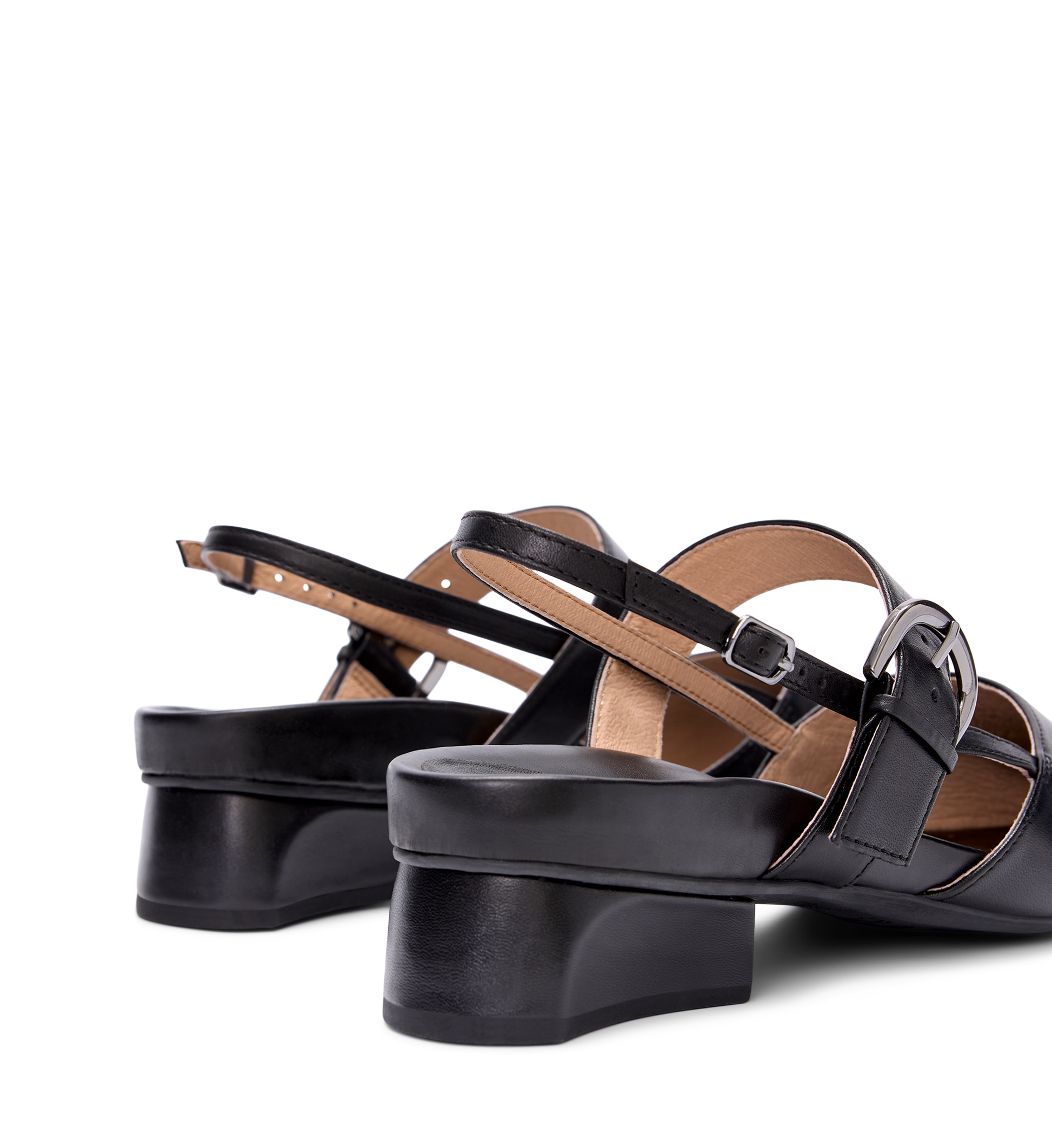 pair of womens black flats with low heel and slingback strap