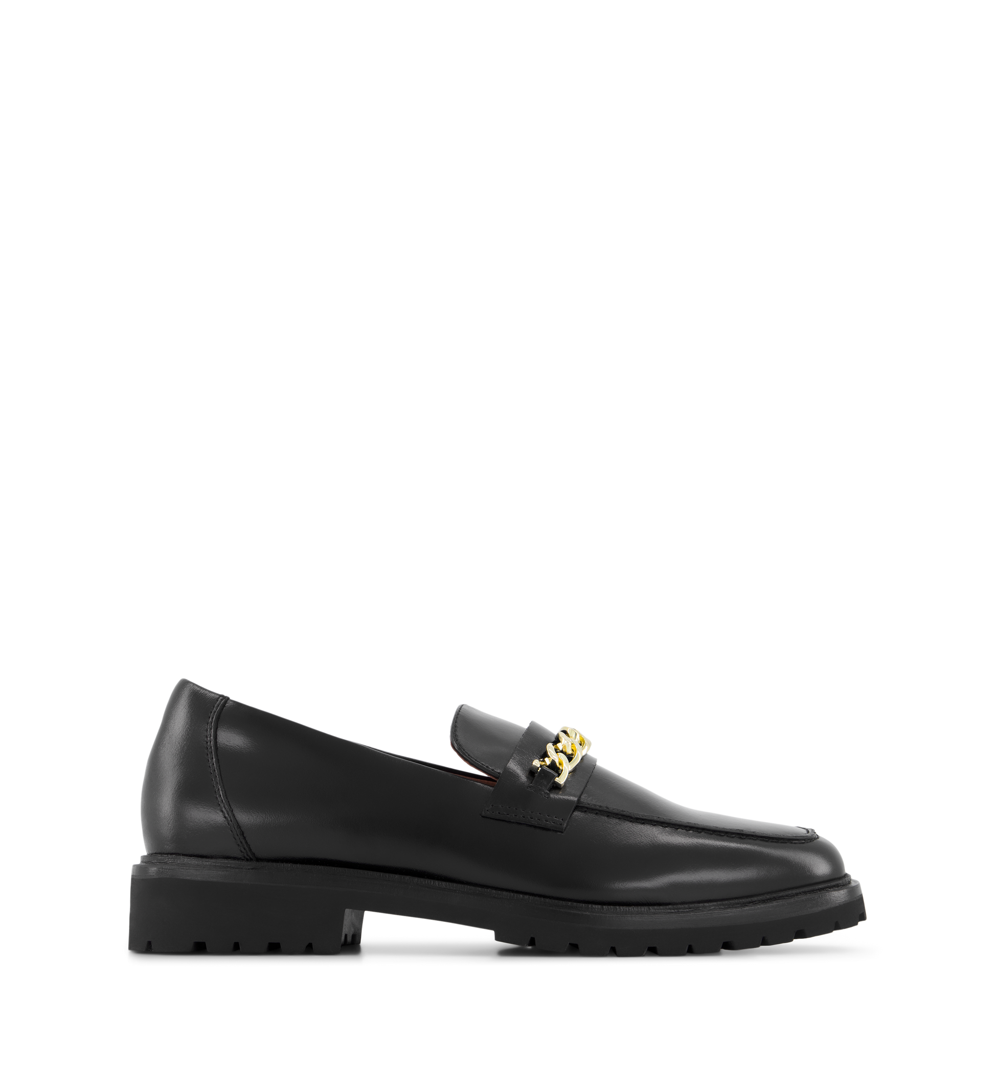 Black leather loafers with gold hardware detail on the vamp.