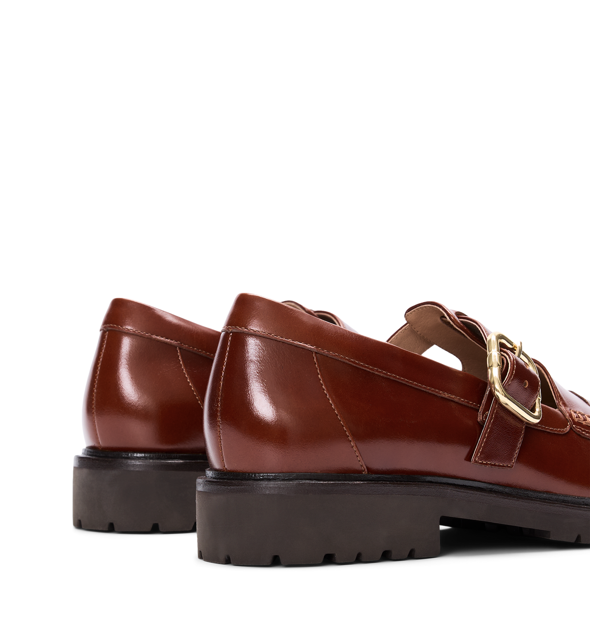 close up on the back of the emutail brown leather loafers