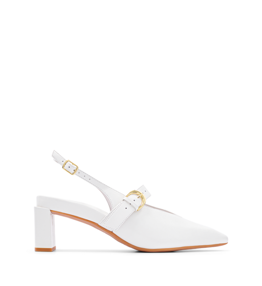 Eyas White Leather Low Heels