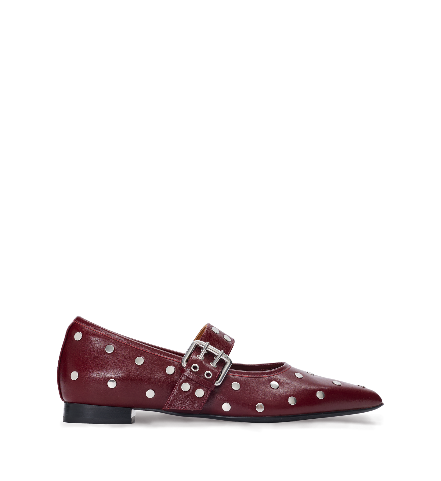 Maroon polka dot ballet flat with a buckle on a white background