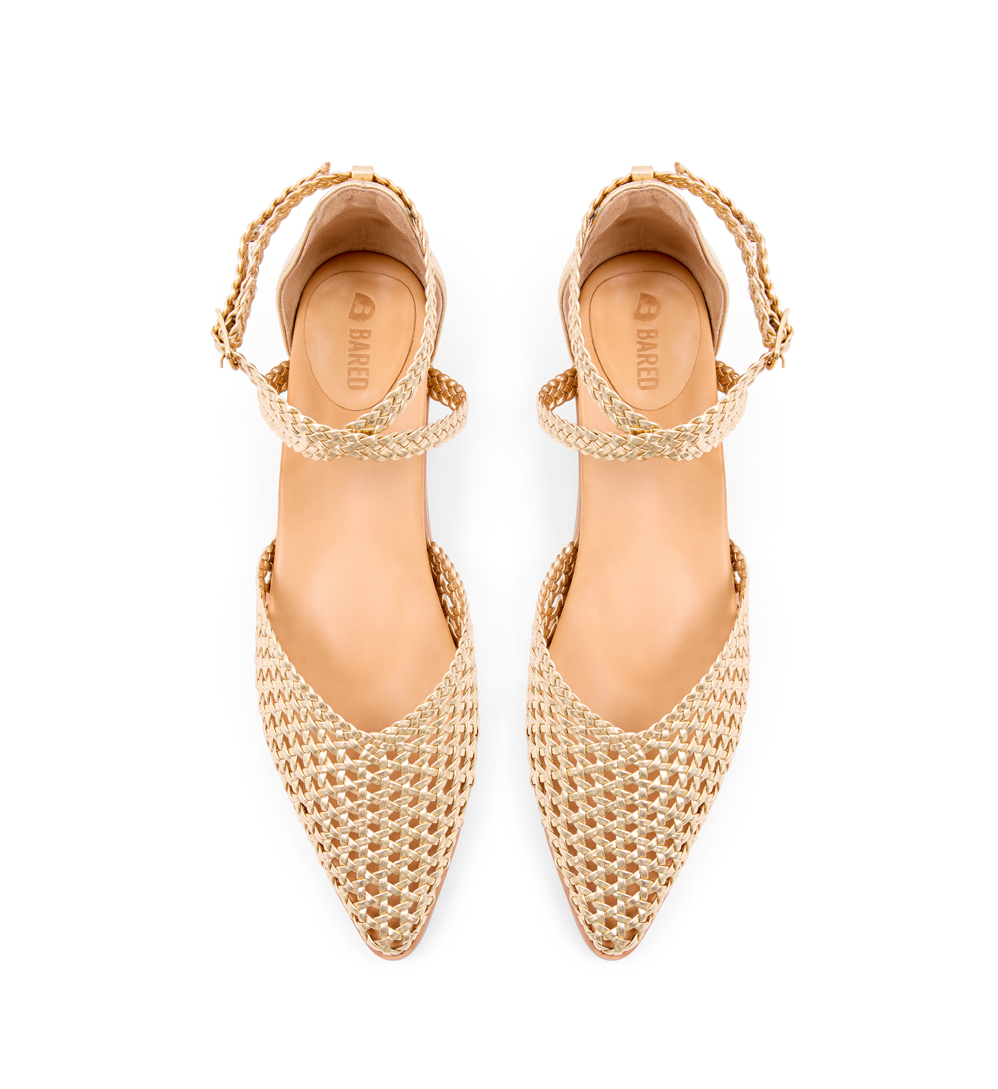 pair of golden woven flats with ankle strap
