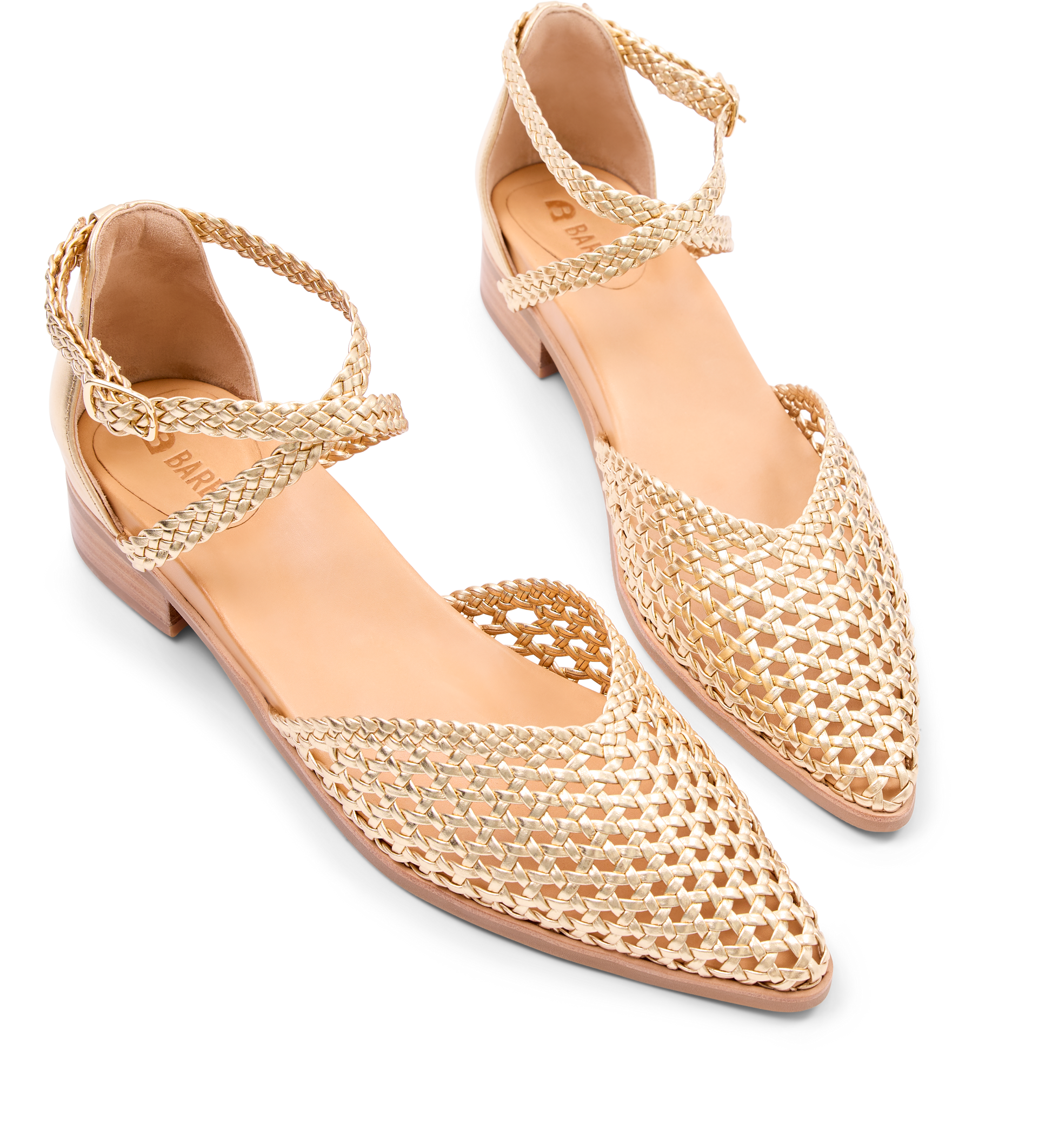 gold woven flats with a pointed toe and ankle strap