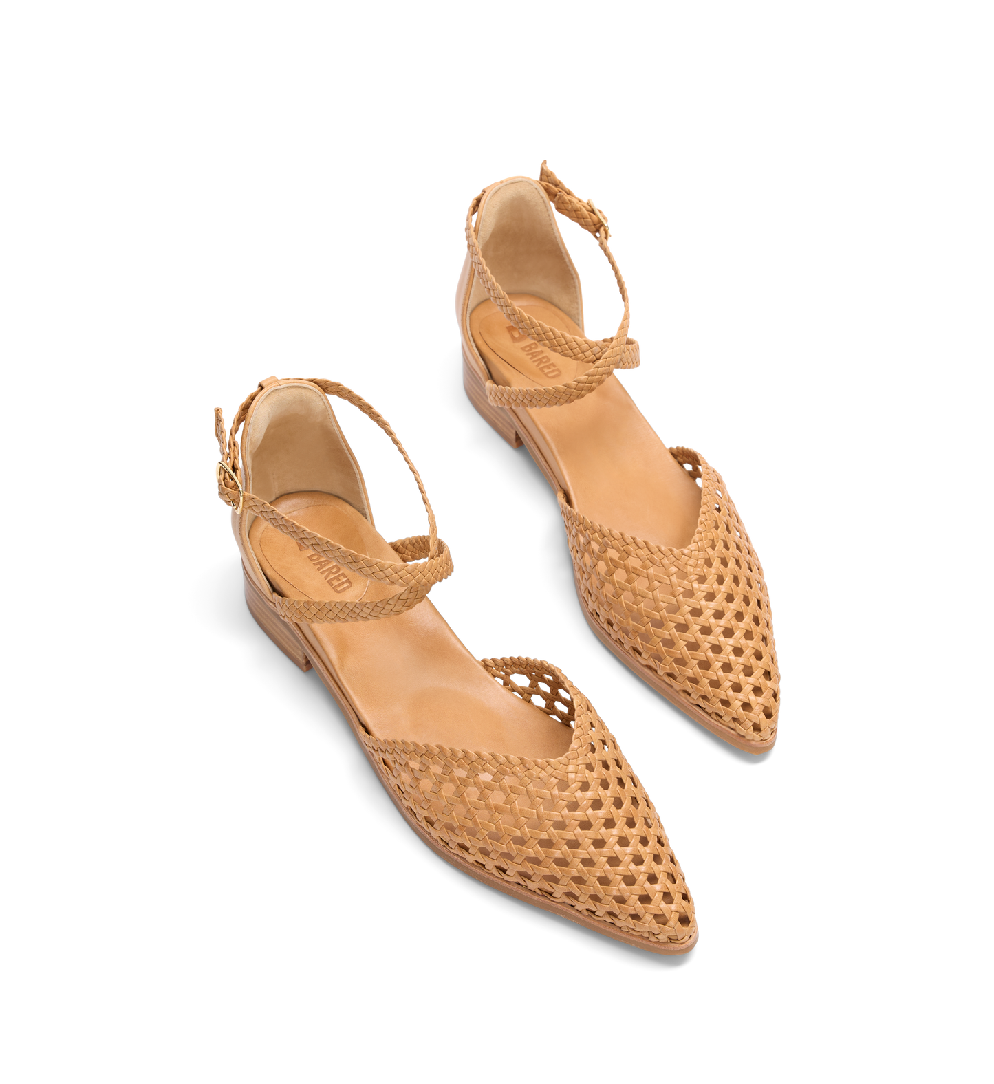 pair of tan woven leather flats