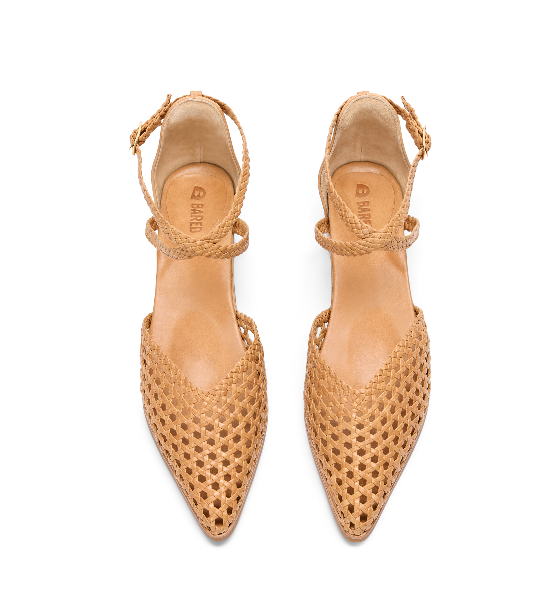 pair of pointed woven flats in tan leather